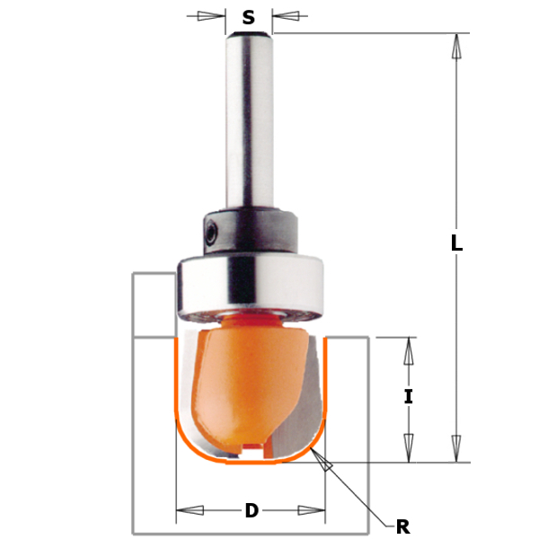 Freză cu rază convexă CMT 751.002.11B + rulment de ghidare pe coadă R=6,4, coadă 6 mm