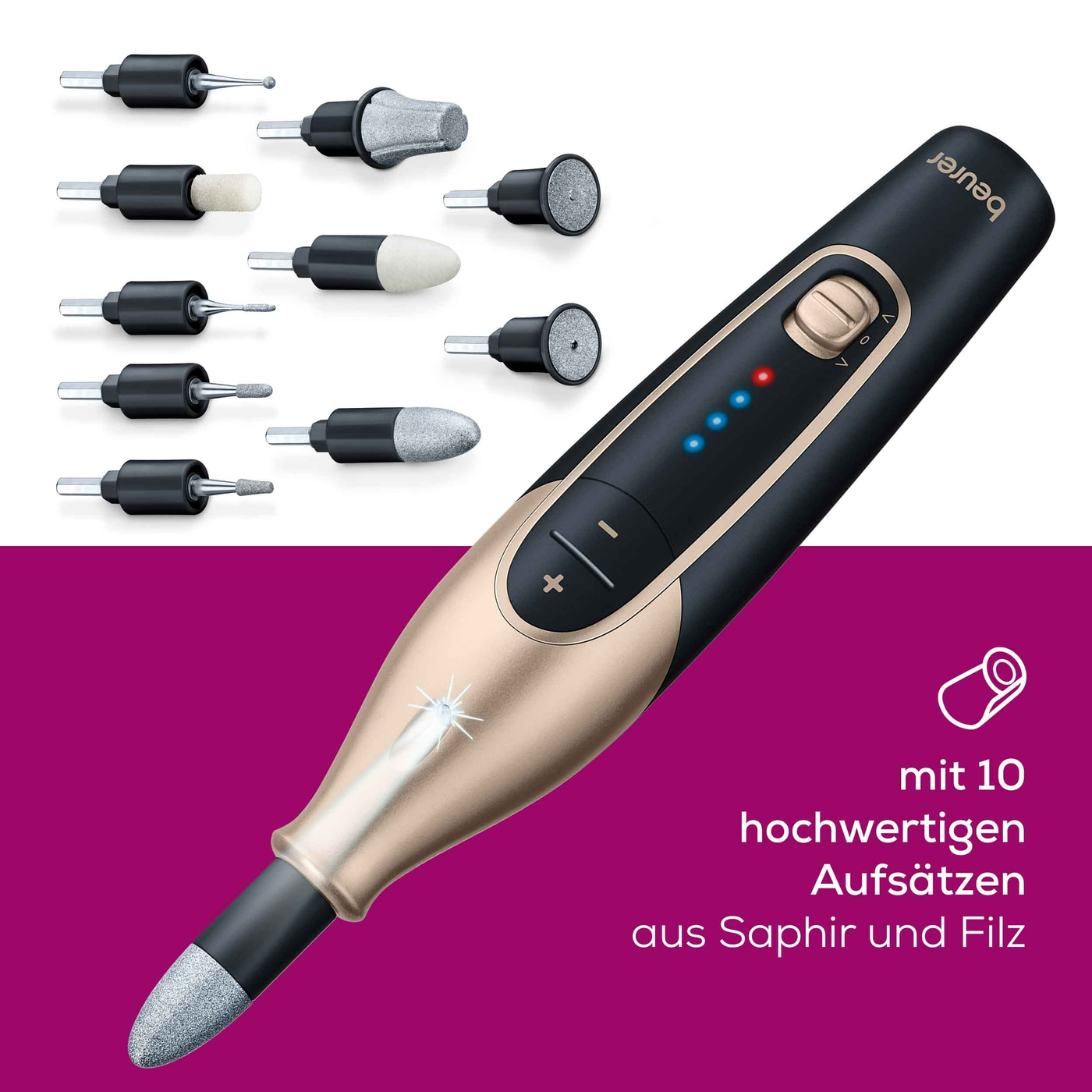 Beurer Wiederaufladbares Maniküre- & Pediküreset MP 84-Kabelloser Nagelfräser für Maniküre & Pediküre mit 10 Saphir- & Filzaufsätzen