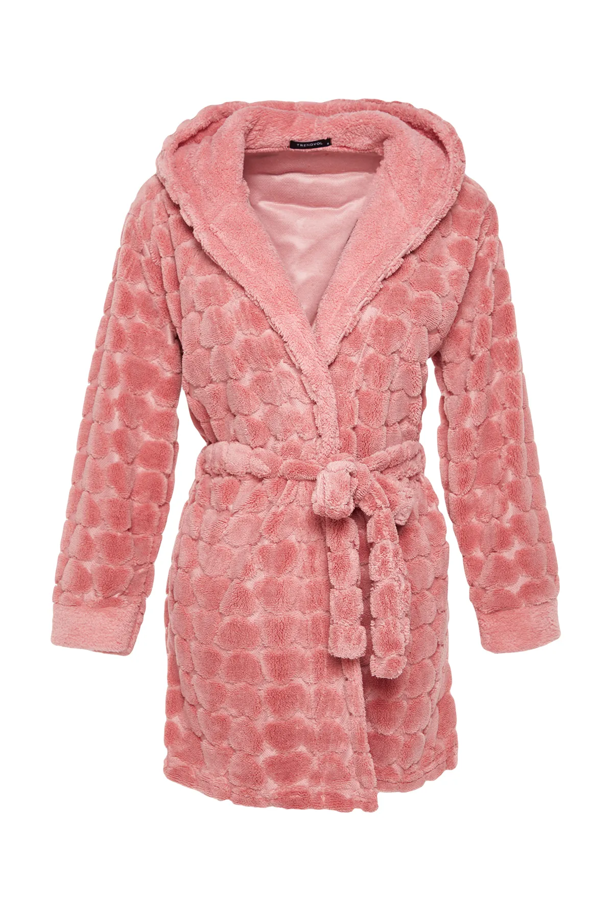 Trendyol Collection  Rosafarbener, herzgemusterter Fleece-Strick-Morgenmantel mit Gürtel THMAW24SB00002