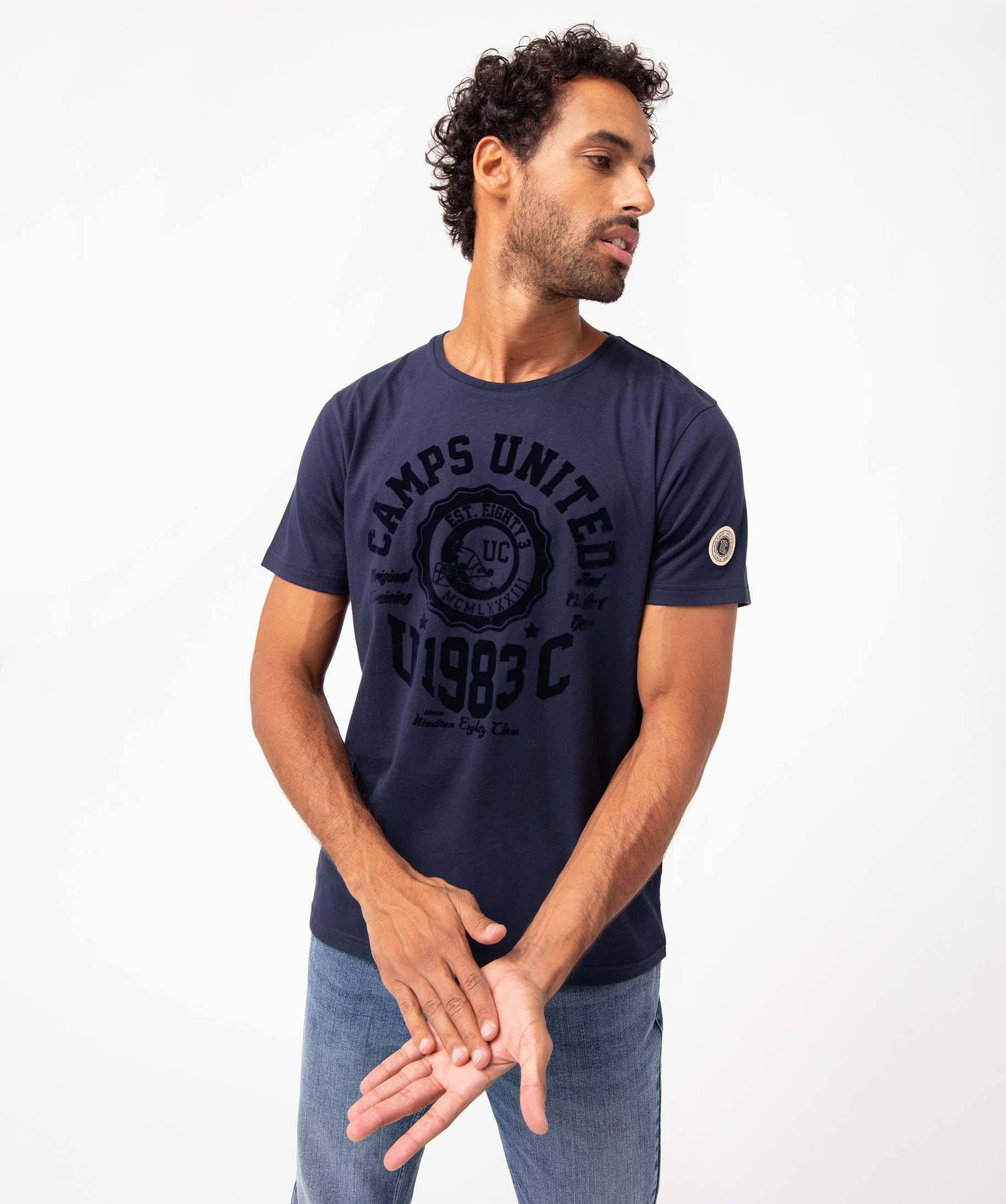 Tee-shirt homme avec inscription velours – Camps United bleu fonce | GEMO