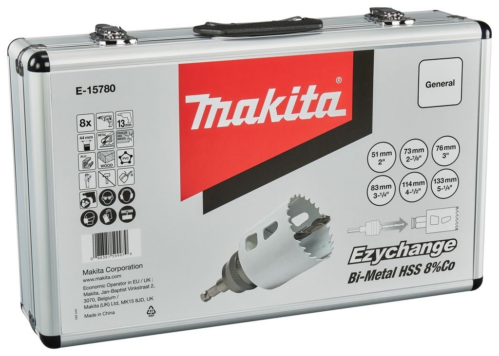 Zestaw otwornic Makita Accessories E-15780, 8 elementów, 51, 73, 76, 83, 114, 133 mm, drewno/metal, Ezychange w walizce
