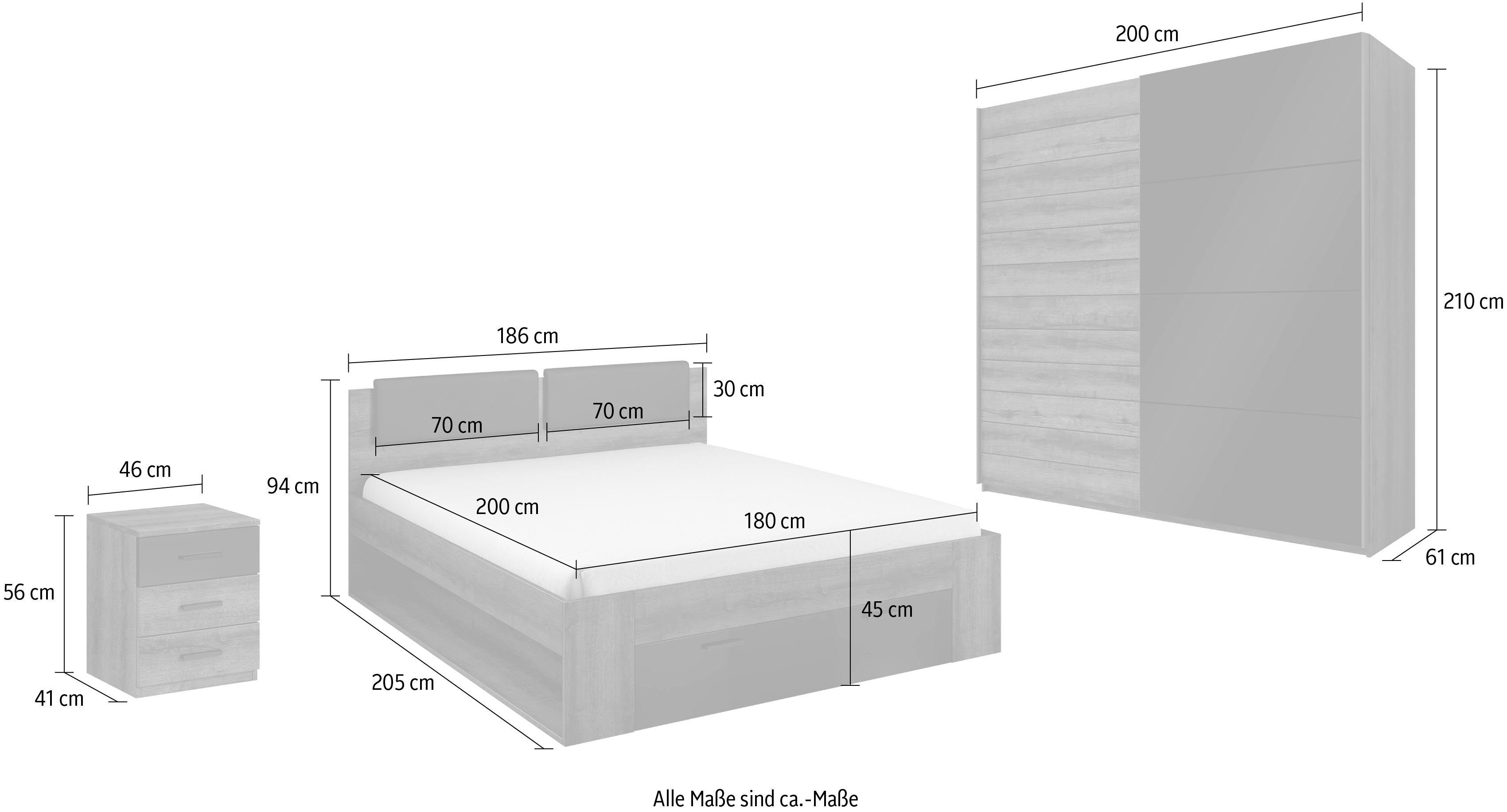 Helvetia Schlafzimmer-Set Galaxy, (4-St), Bett mit gepolsterten Kopfteilen und Stauraumschublade