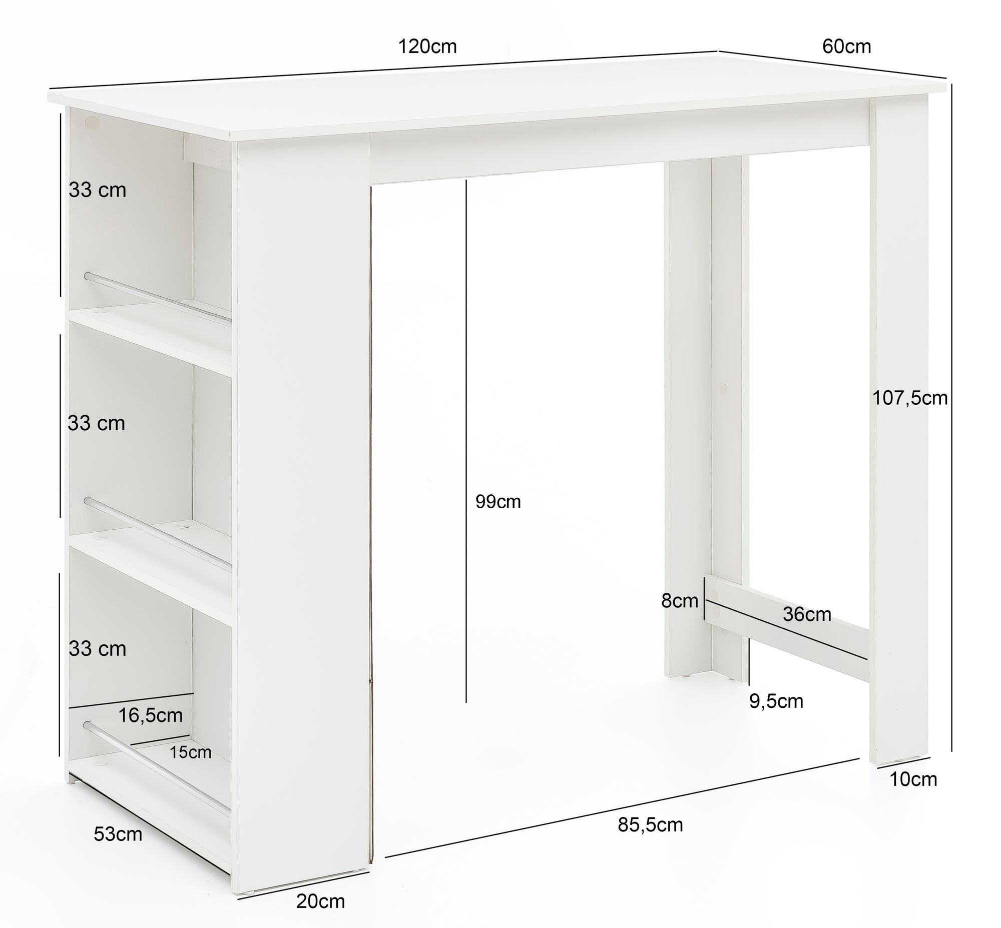 Wohnling Tresentisch WL5.732 (Weiß 120 x 107,5 x 60 cm, Stehtisch Spanplatte), Bartisch mit Regal, Küchenbartisch Rechteckig