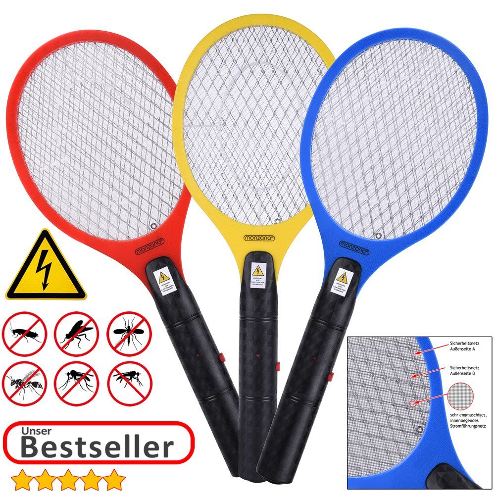 monzana Fliegenwedler, 3x Elektrische Fliegenklatsche Doppeltes Sicherheitsnetz