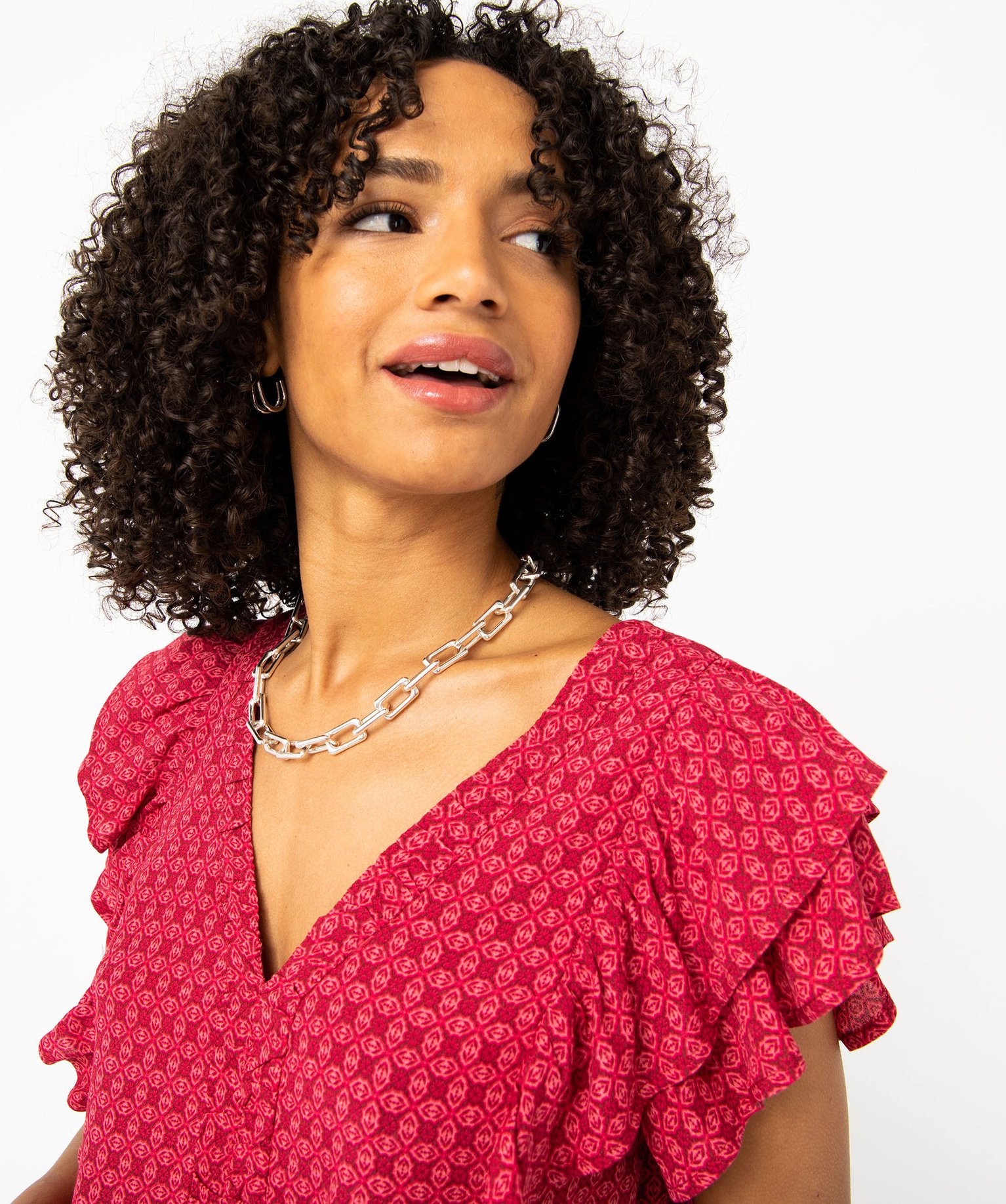 Blouse ample sans manches à col V et volants femme rose | GEMO