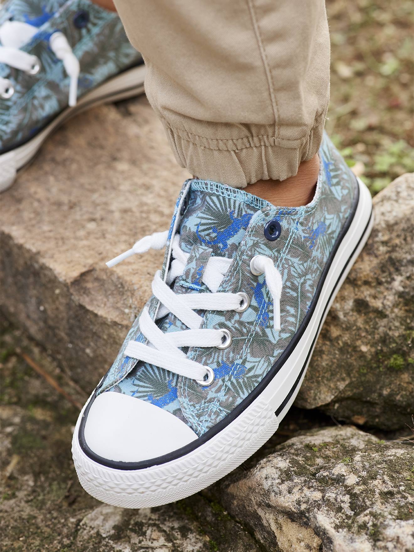 Vertbaudet Jungen Stoff-Sneakers mit Gummizug - grün bedruckt/tropical
