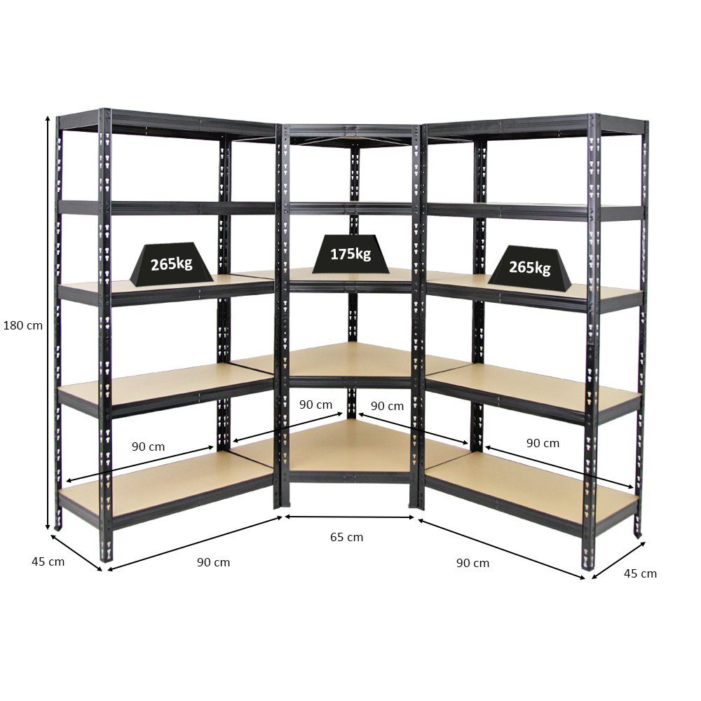 PROREGAL® Eckregal Mega Deal Tiger, 1x Eckregal + 2x Schwerlastregal 180x90x45cm, Schwarz, Fachlast von 175 kg beim Eckregal und 265 kg bei den Standregalen