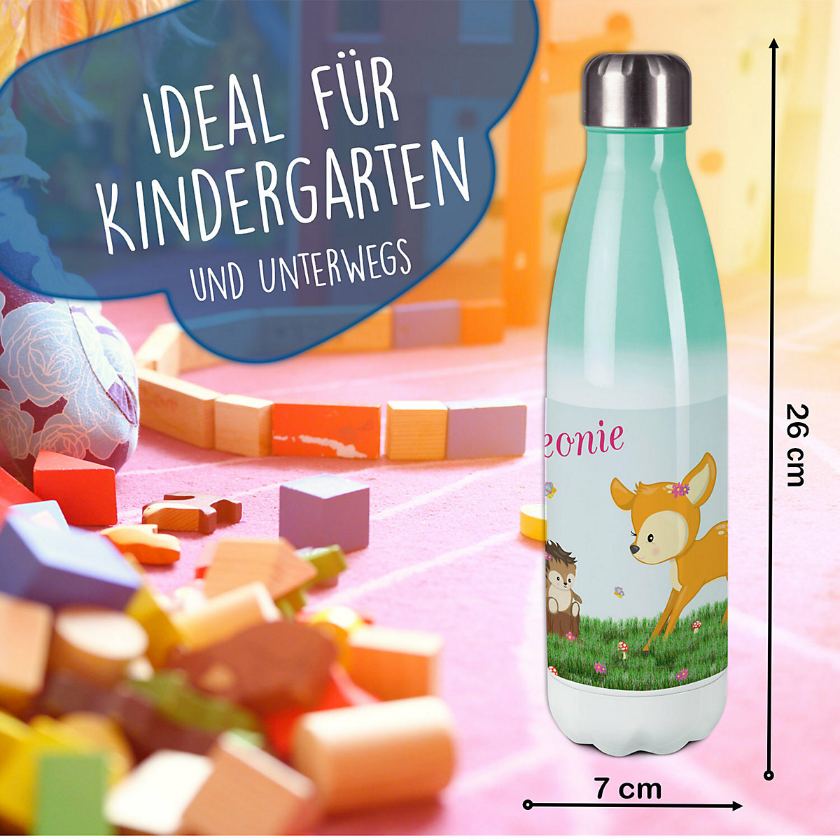 Edelstahl Kinder Thermoflasche / Trinkflasche bunt Reh Spülmaschinenfest, Auslaufsicher, Bruchfest, Doppelwandig, Für Heißgetränke geeignet, Mit Deckel, Isoliert