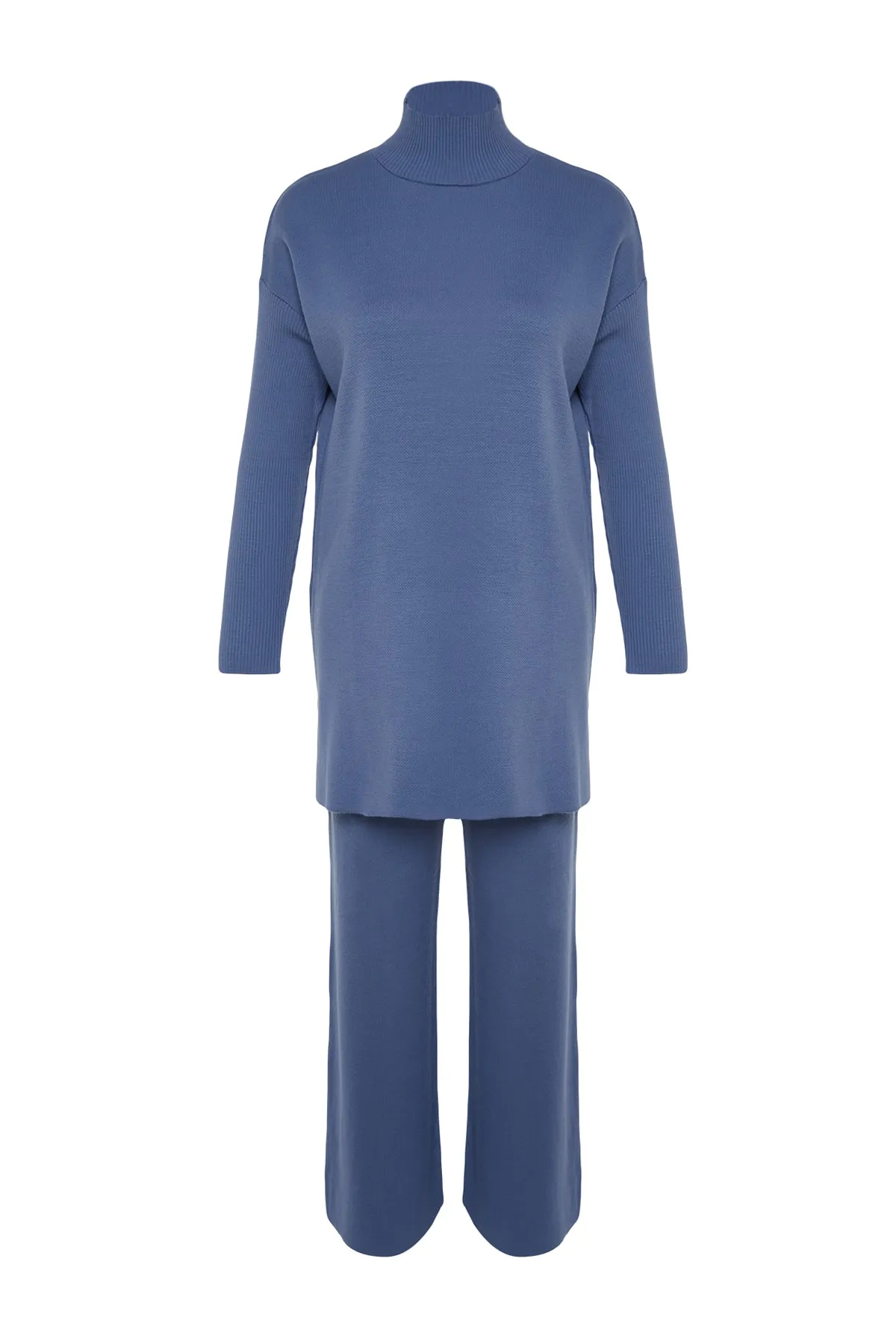 Trendyol Modest  Indigoblaues Strickoberteil-Set mit Schlitz und weitem Bein TCTAW24US00028