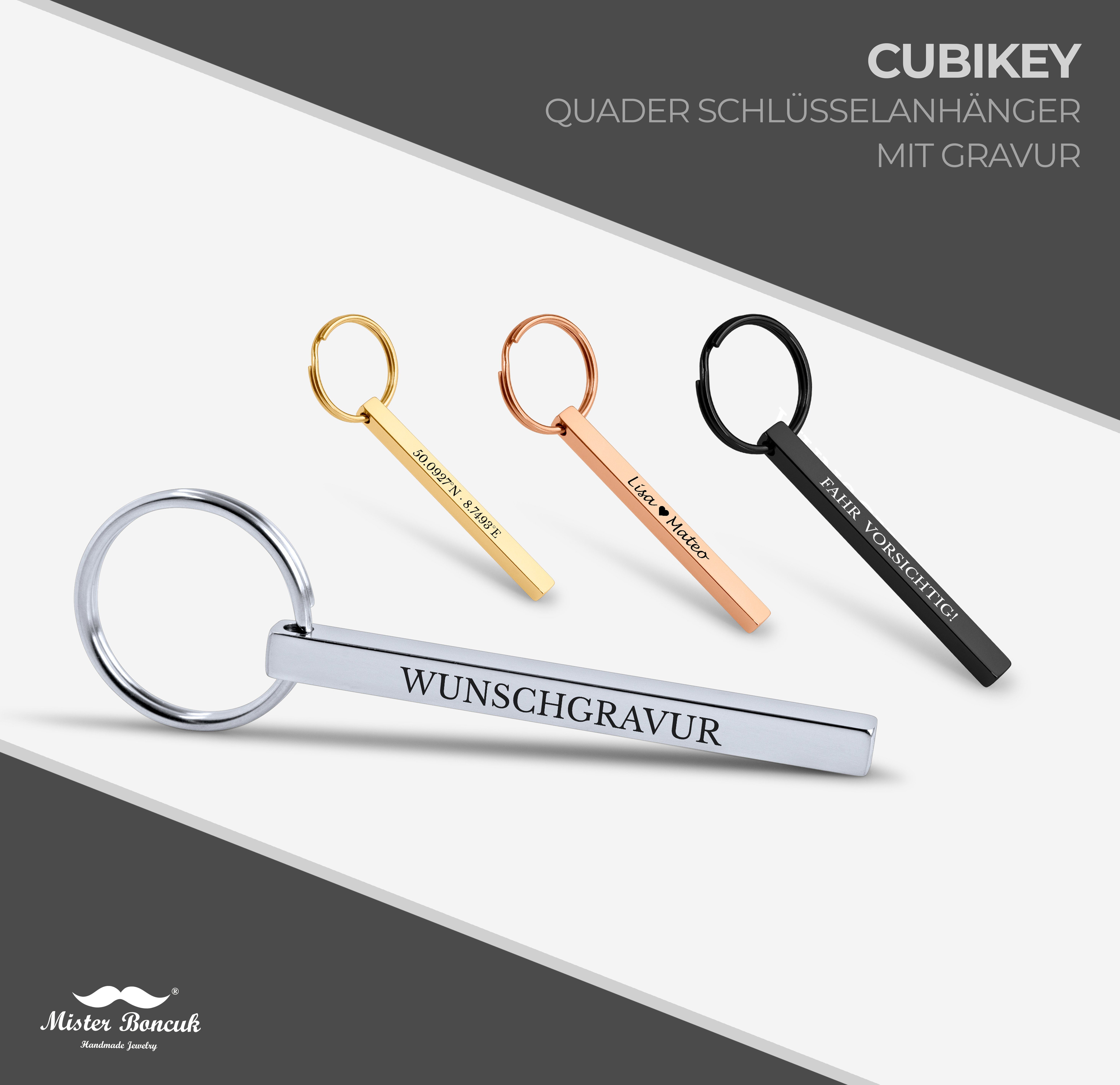 Mister Boncuk Handmade Jewelry Schlüsselanhänger Cubikey mit Gravur aus Edelstahl (Quader Schlüsselanhänger - Personalisierte Geschenke für Männer und Frauen), Gravur, Edelstahl