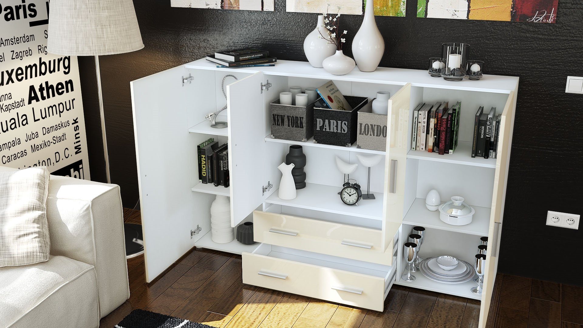 Vladon Highboard Nora (Anrichte mit 2 Schubladen, und 4 Türen mit insgesamt 8 Fächer dahinter), Weiß matt/Weiß matt (166,5 x 106,5 x 35 cm)