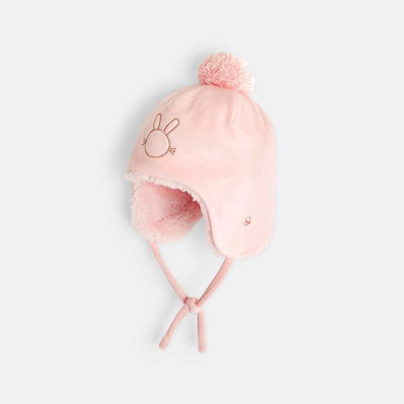 Bonnet polaire fourré brodé rose naissance
