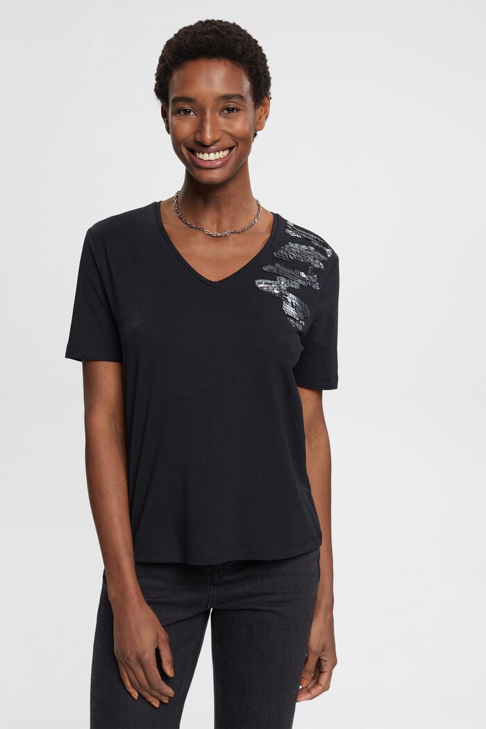 T-Shirt mit V-Ausschnitt und Pailletten