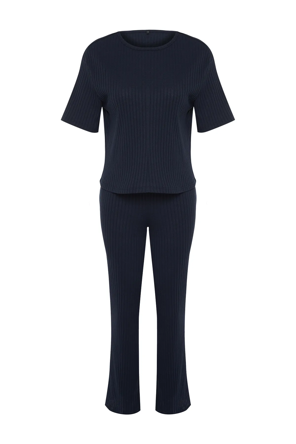 Trendyol Collection  Marineblauer Slogan-bedruckter, detaillierter Gummi-T-Shirt-Hose-Strickpyjama aus schnurgebundener Baumwolle THMSS21PT1016