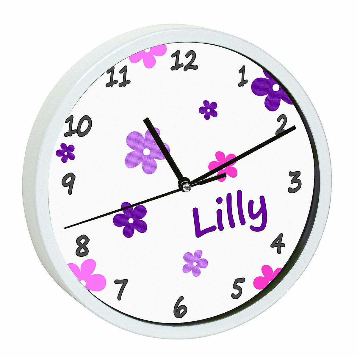 Kinder Wanduhr personalisiert mit Name Blumen Pink-Lila