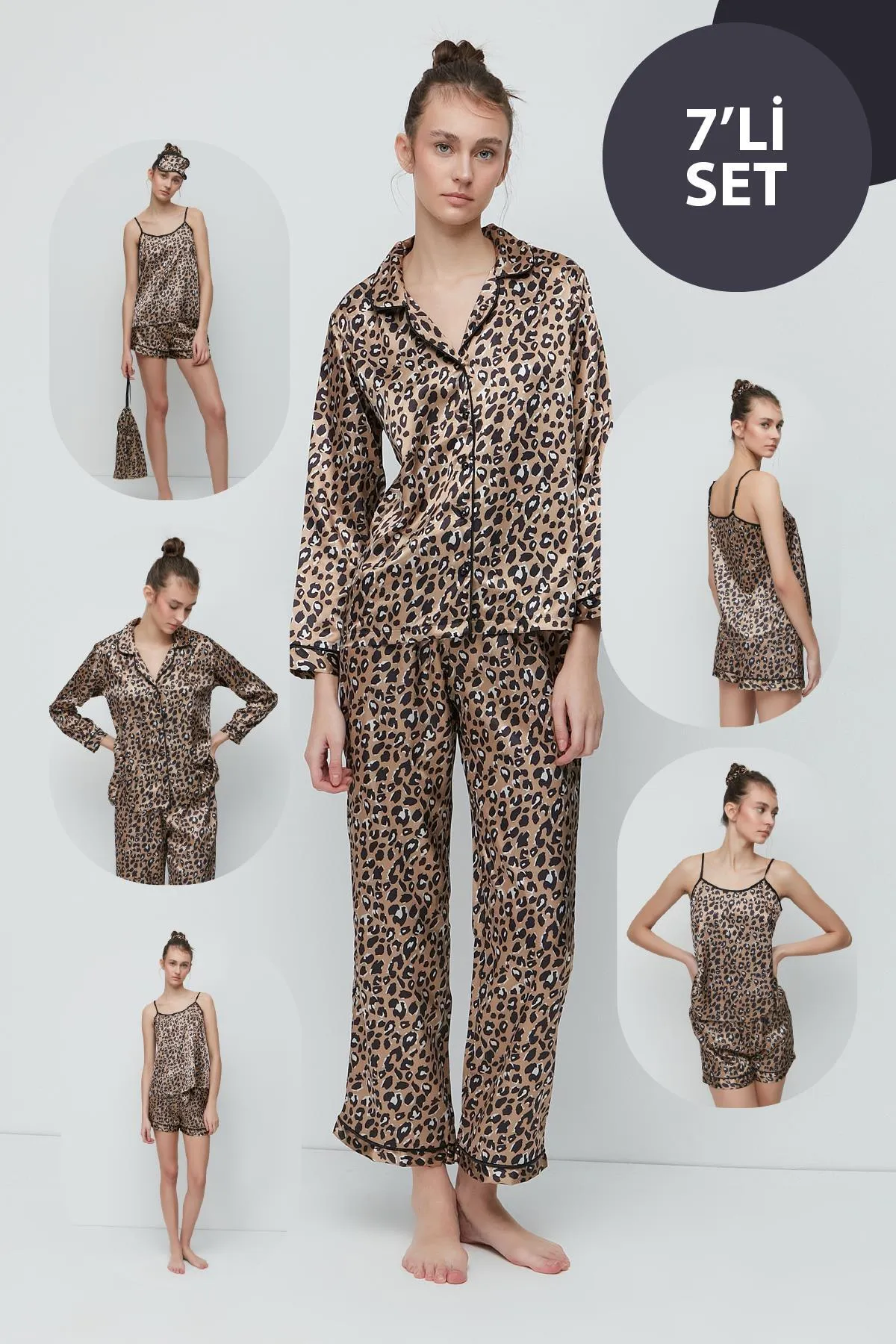 C&City  Gemustertes 7-teiliges Satin-Pyjama-Set 9550 Braun/Leopard