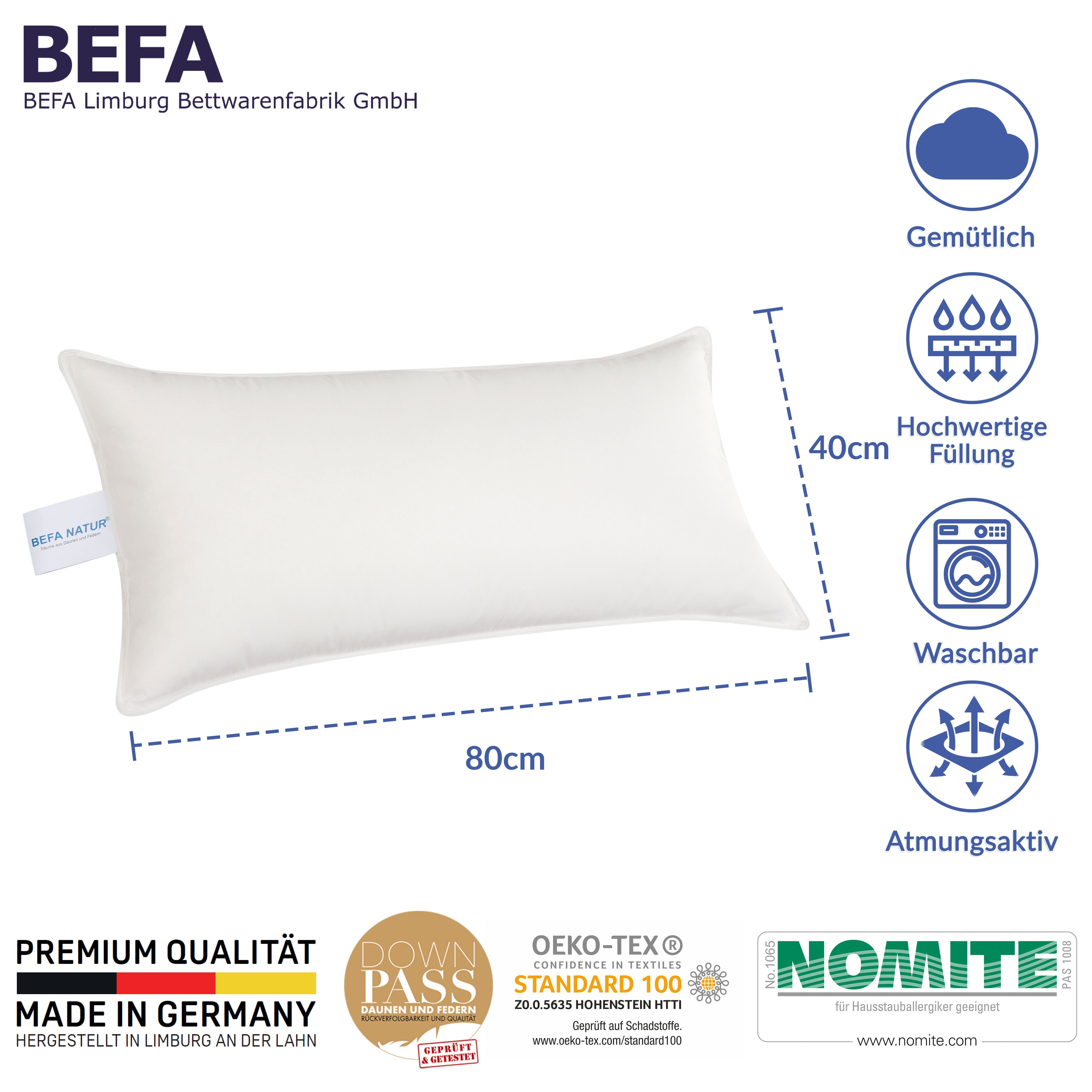 Federkopfkissen kuschelig weiches Premium Federkissen 40 x 80 cm, BEFA NATUR, Füllung: 100% Entenfedern, Seitenschläfer, Rückenschläfer, Bauchschläfer, Made in Germany - hochwertige Verarbeitung - Allergiker geeignet