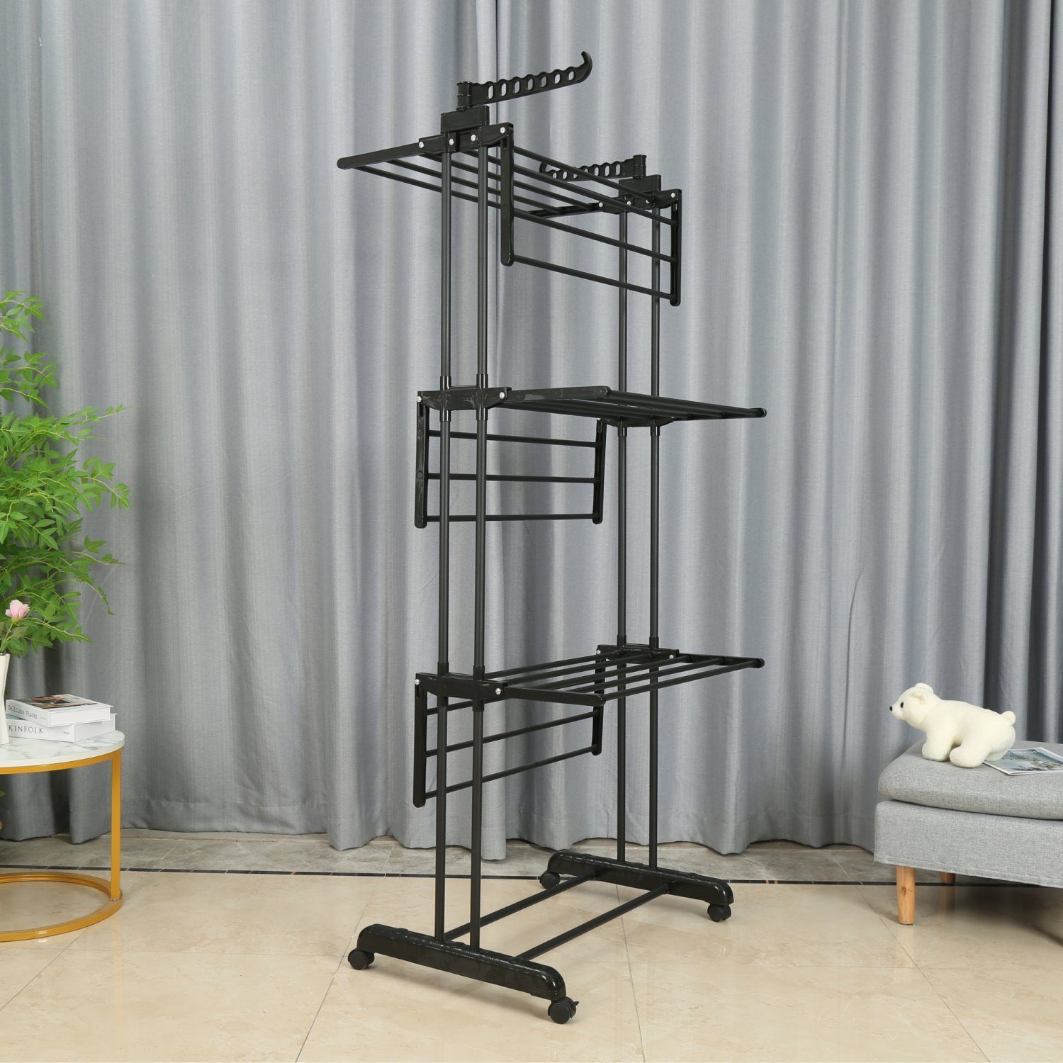 NYVI Turmwäscheständer Wäscheständer Turm LaundryFlex Turmwäscheständer Extra Groß & Stabil, Robuster Edelstahl Platzsparend Einklappbar 360° Räder 50Kg Tragkraft