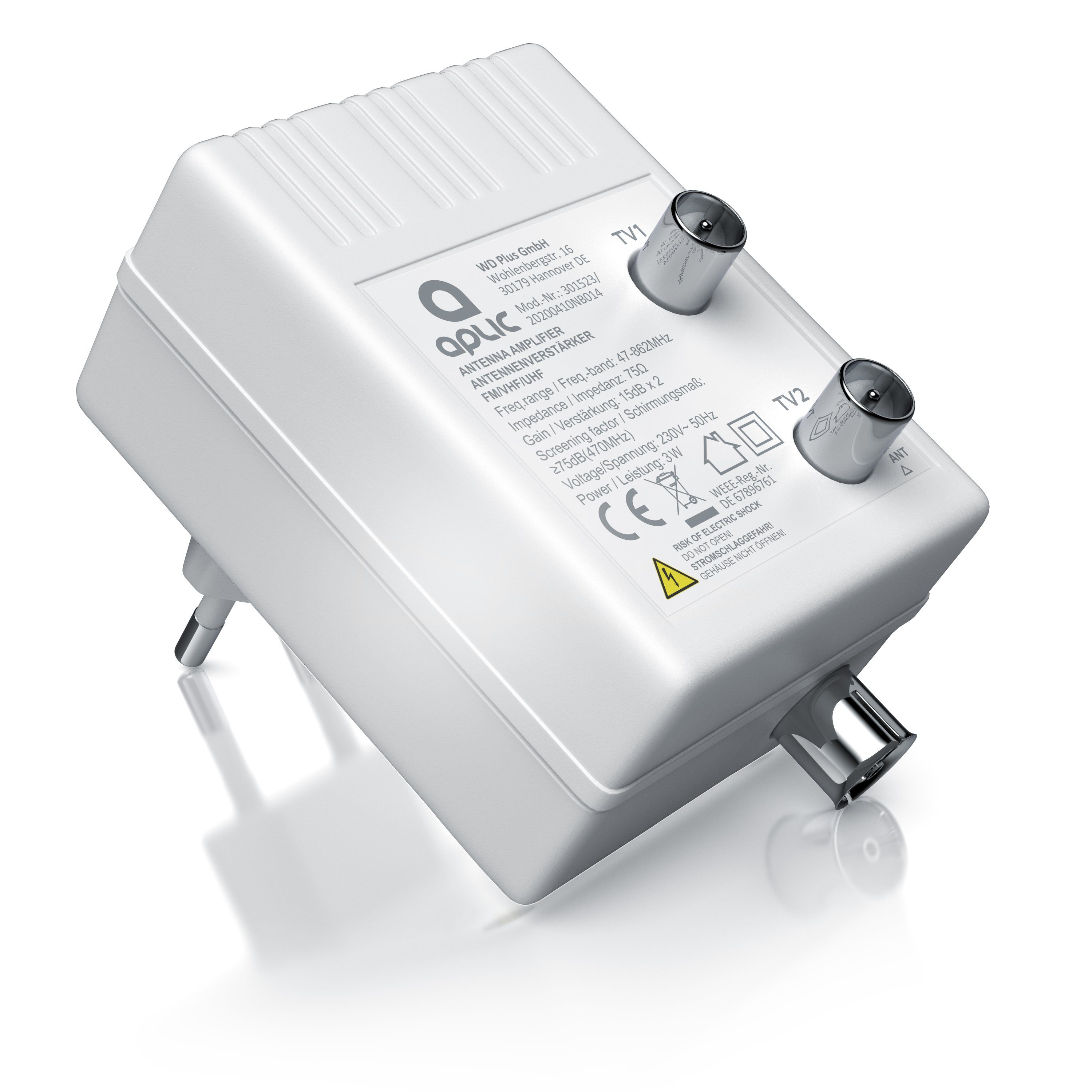 Aplic Verstärker (DVB-T2, Kabel TV, Radio Antennenverstärker, 2x 15 dB Signalverstärkung)