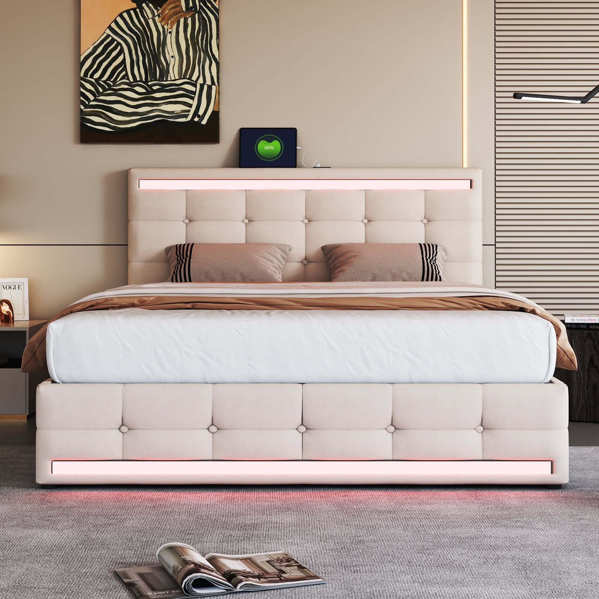 OKWISH Polsterbett Doppelbett (140 * 200 ohne Matratze, Gepolstertes LED-Bettgestell mit 4 Schubladen und 2 USB-Ladestationen), Gepolstertes Plattformbett mit Stauraum