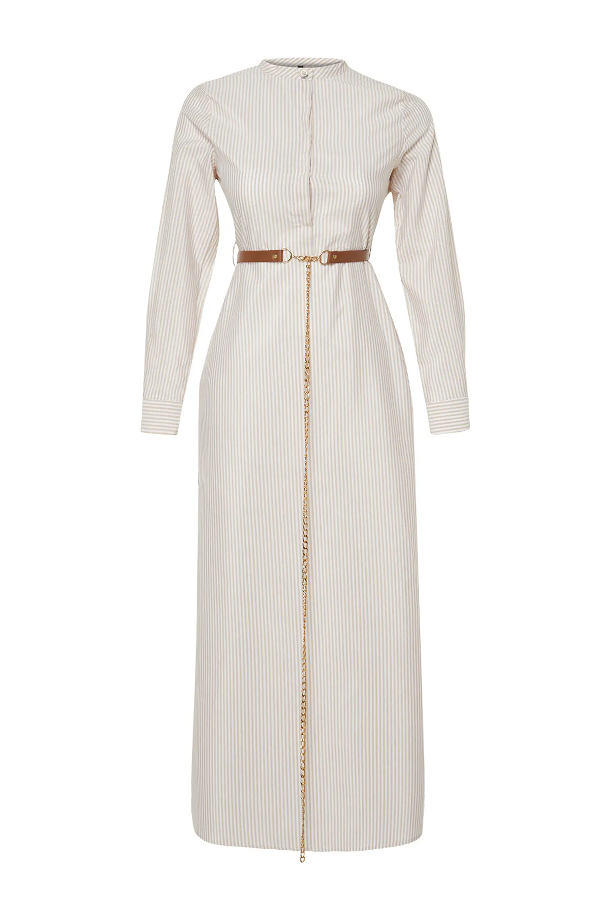 Trendyol Modest  Beige gestreiftes, gewebtes Kleid mit Gürtel TCTSS24EB00171