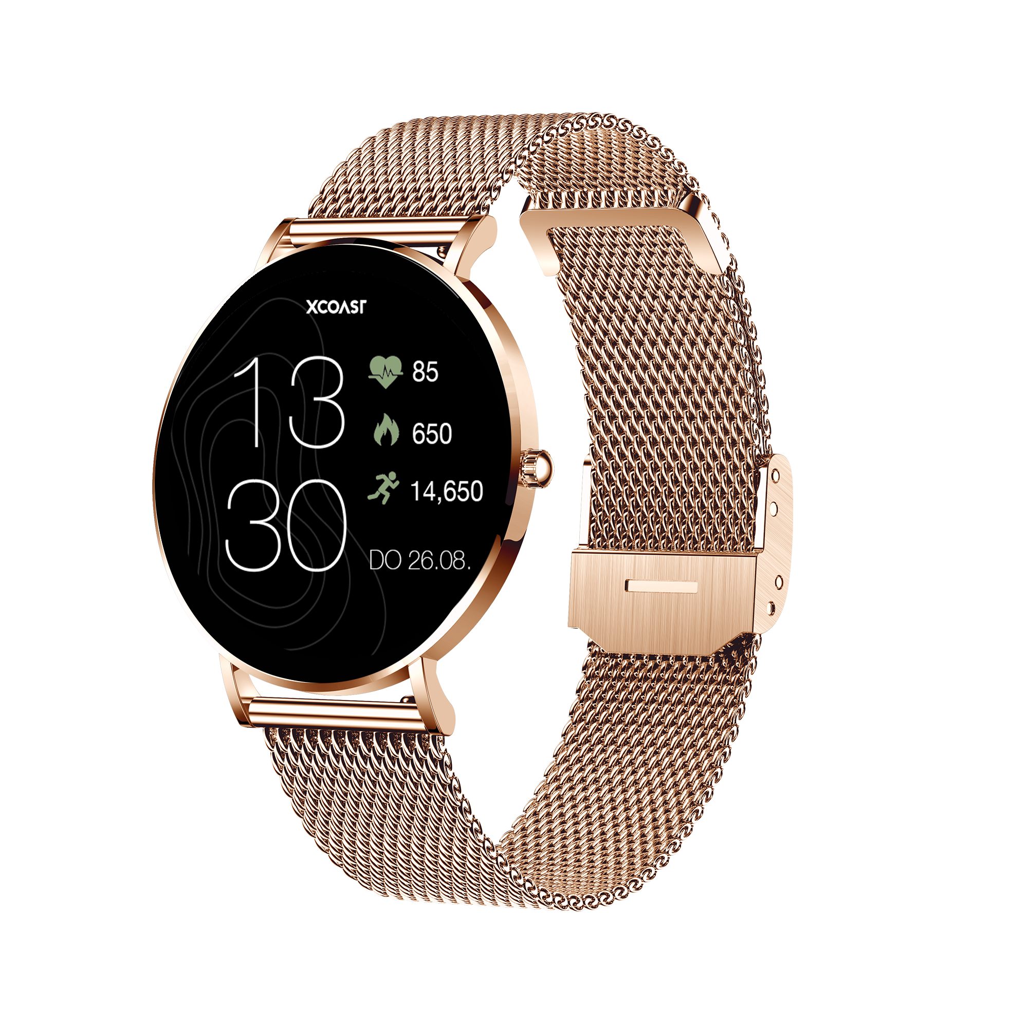 XCOAST SIONA 2 Damen Smartwatch (4,2 cm/1,3 Zoll, iOS und Android) Kostenloses Zusatzarmband enthalten / Gehäuse Rosegold (hell), 4-tlg., - 2in1 PROMOPACK (enthält 2 Mesh Armbänder: Schwarz und Rosegold) -, Wasserdicht/Flach/Puls/Blutdruck/Blutsauers