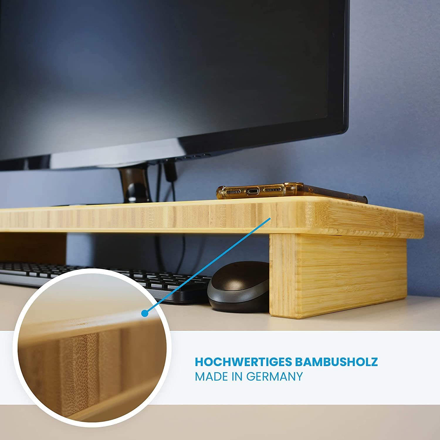 Ergotopia Schrankaufsatz Bambus Echtholz Monitorständer Monitorerhöhung Schreibtischaufsatz Monitoraufsatz Bildschirm Aufsatz Ständer PC Tisch Regal TV Monitor Erhöhung, Bambus Echtholz - nachhaltiges & umweltfreundliches Naturmaterial