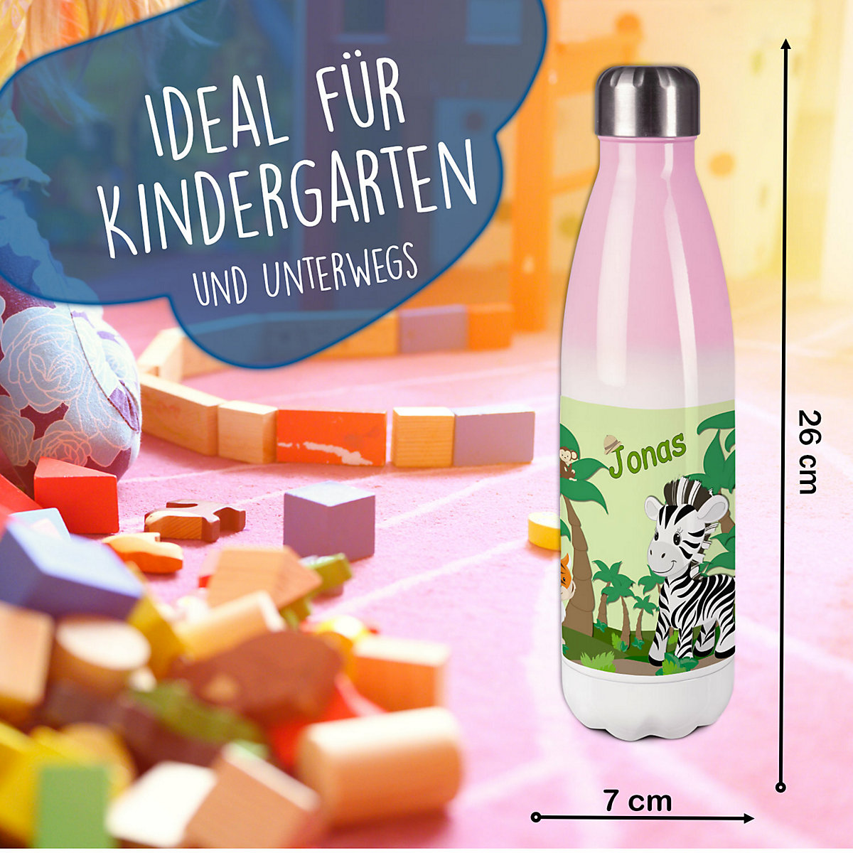 Edelstahl Kinder Thermoflasche / Trinkflasche bunt Safari-Zebra Spülmaschinenfest, Auslaufsicher, Bruchfest, Doppelwandig, Für Heißgetränke geeignet, Mit Deckel, Isoliert