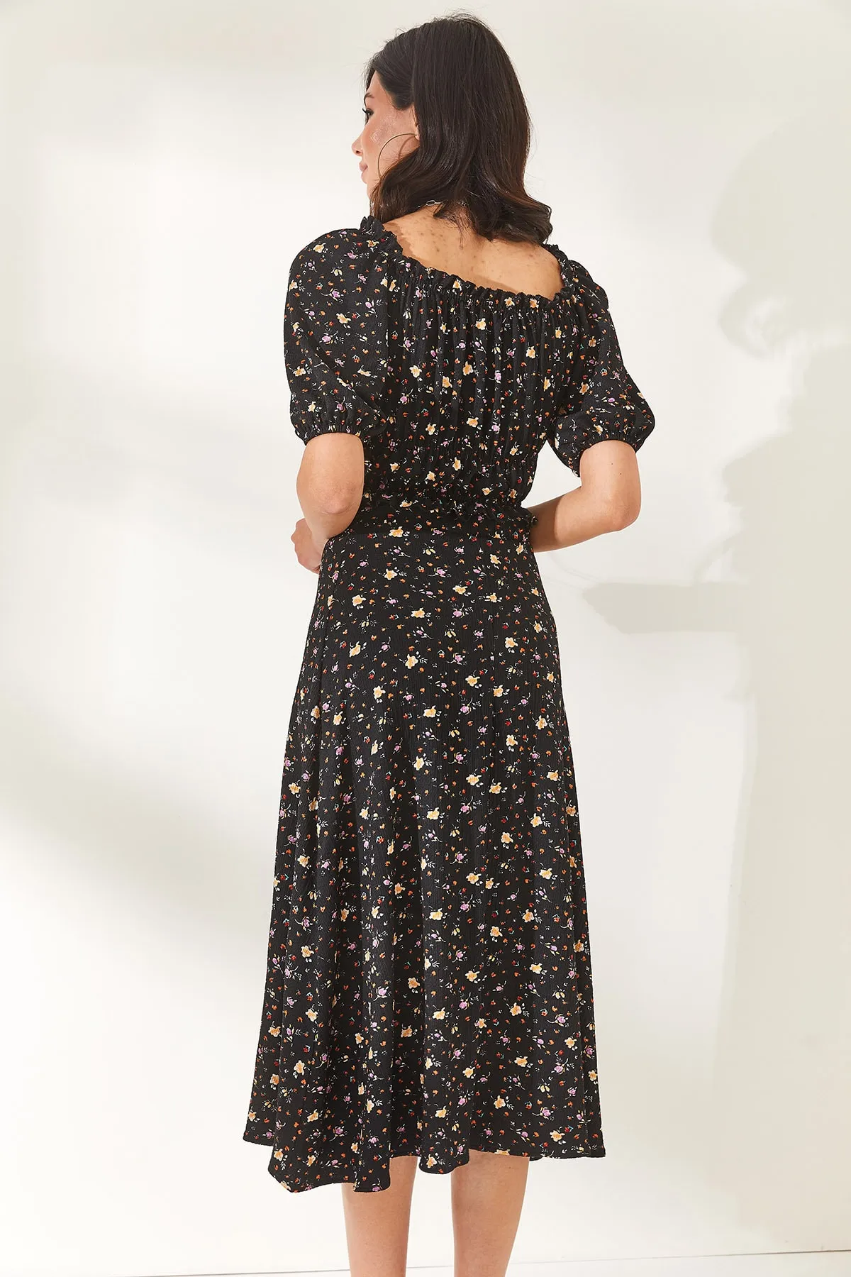 Olalook  Damen Blumenmuster Schwarzes Oberteil Bluse Unterteil Schlitz Rock Set TKM-19000188