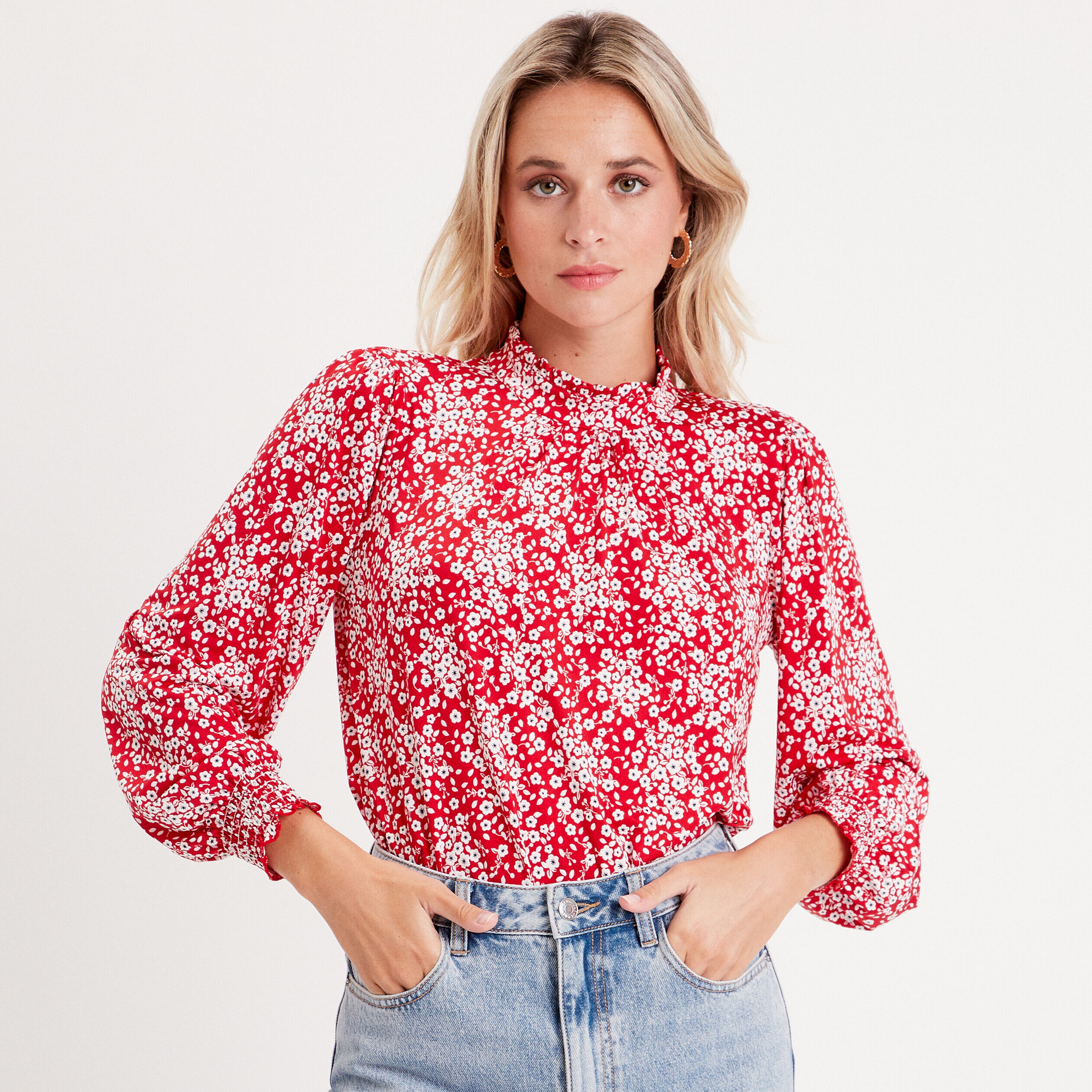 Blouse col montant rouge femme | Cache Cache