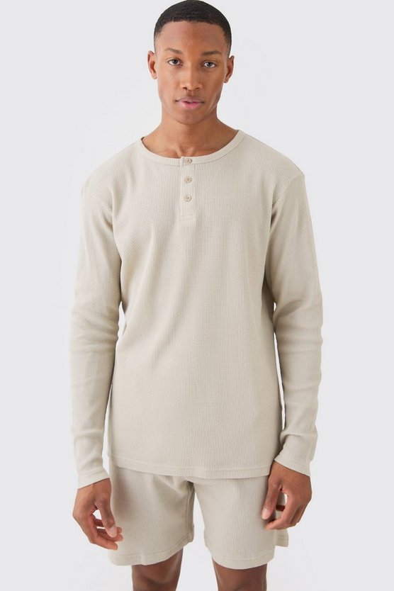 Langärmliges Loungewear-Oberteil in Waffeloptik mit Knopfleiste
