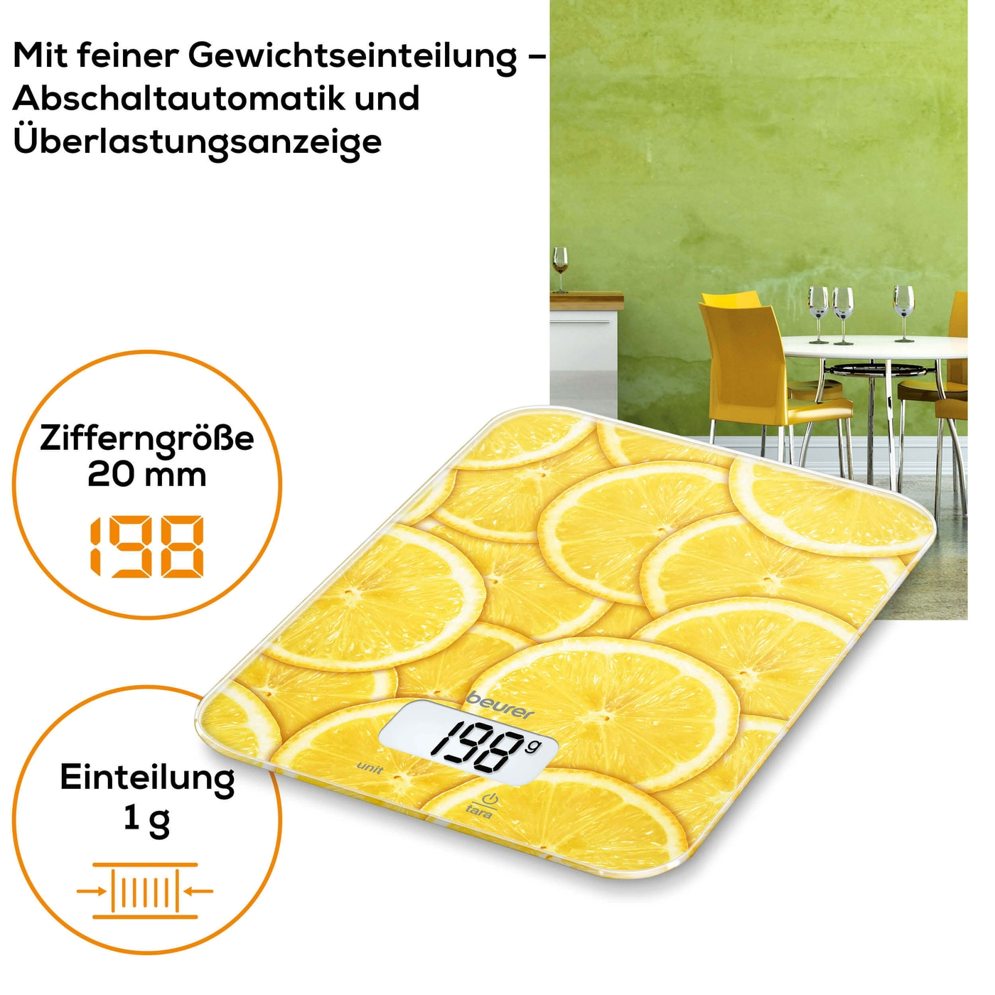 Beurer Küchenwaage KS 19 Lemon-Küchenwaage mit stylischer Glasoberfläche & Tarafunktion