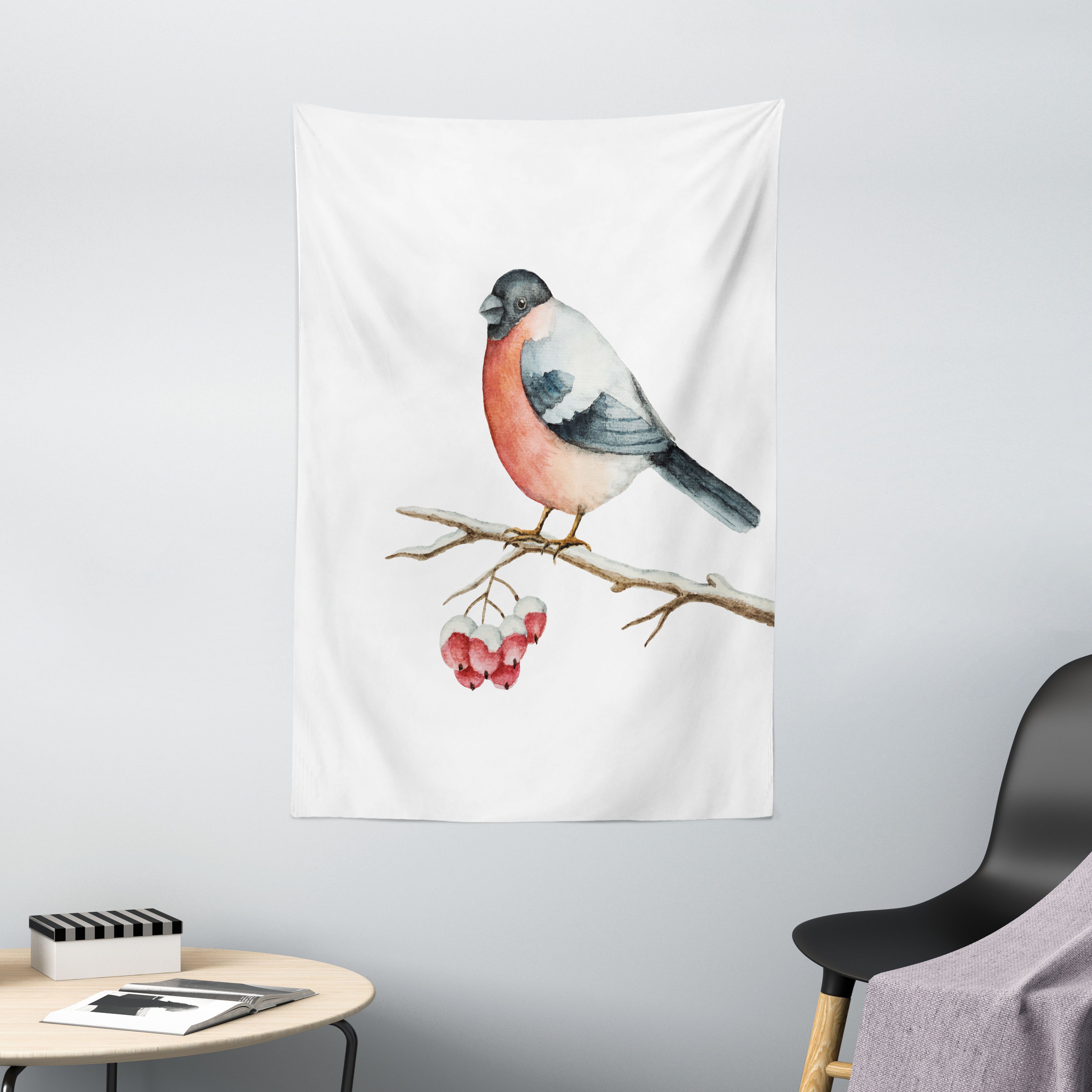 Wandteppich Wohnzimmer Schlafzimmer Wandtuch Seidiges Satin Wandteppich, Abakuhaus, rechteckig, Eberesche Wilde Vogel-Aquarell