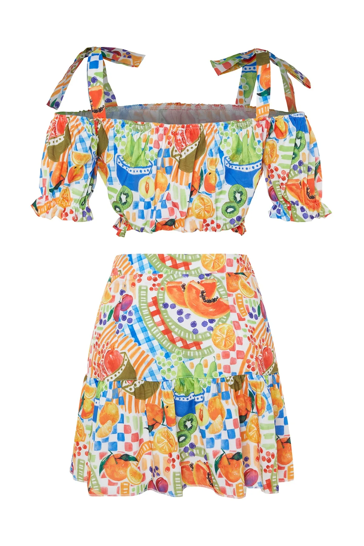 Trendyol Collection  Gewebtes Rüschenblusen-Rock-Set mit Fruchtmuster TBESS23AU00165
