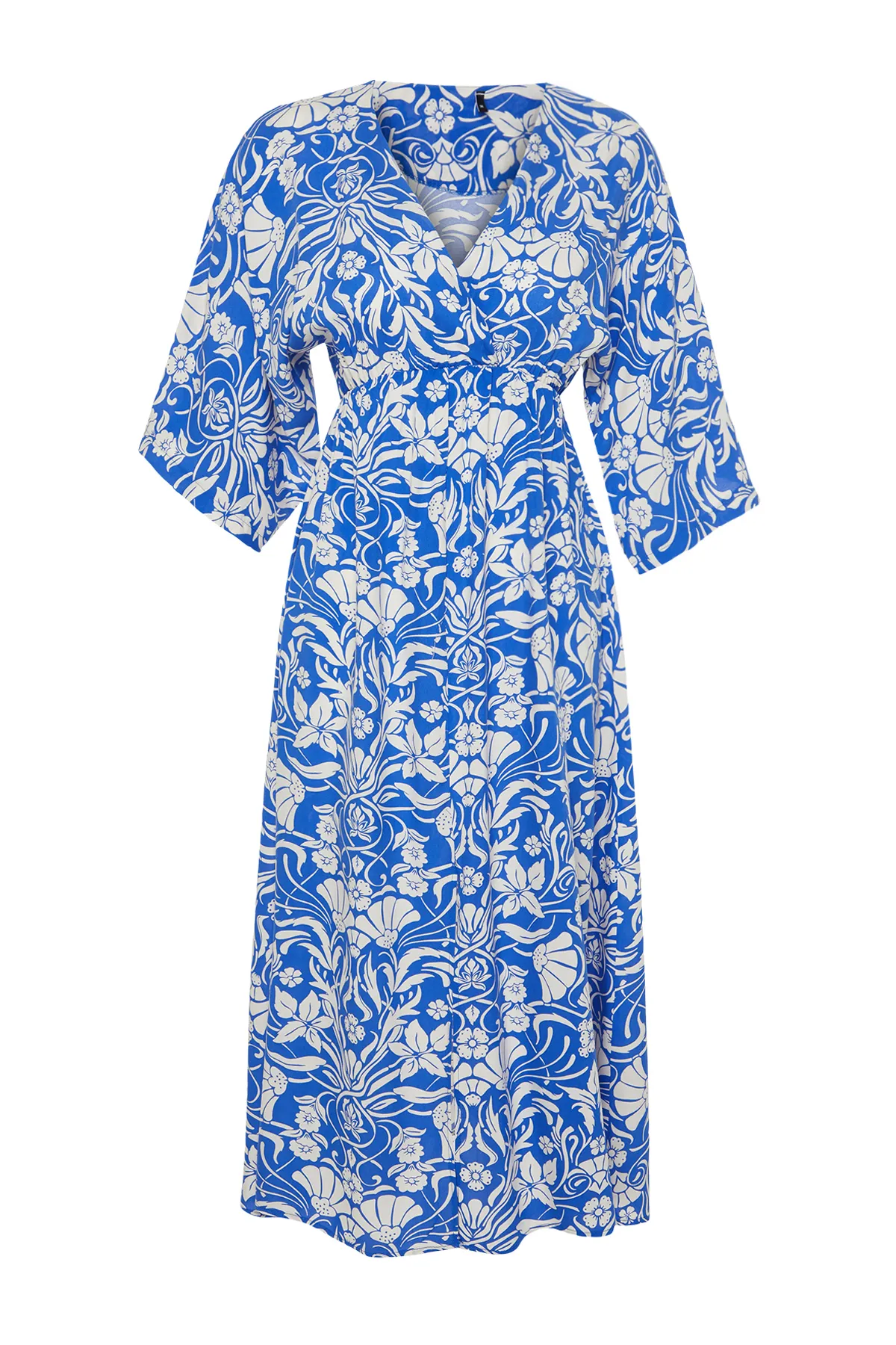 Trendyol Collection  Saks Blumendruck A-Linie Zweireihiges Kragen Midi Gewebtes Kleid TWOSS24EL00913
