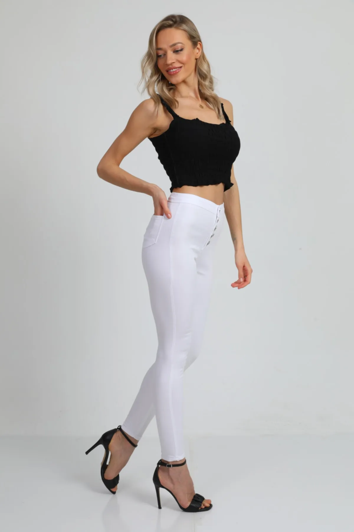 BİKELİFE  Weiße Damen-Leggings mit hoher Taille und schmalem Bein und Knöpfen