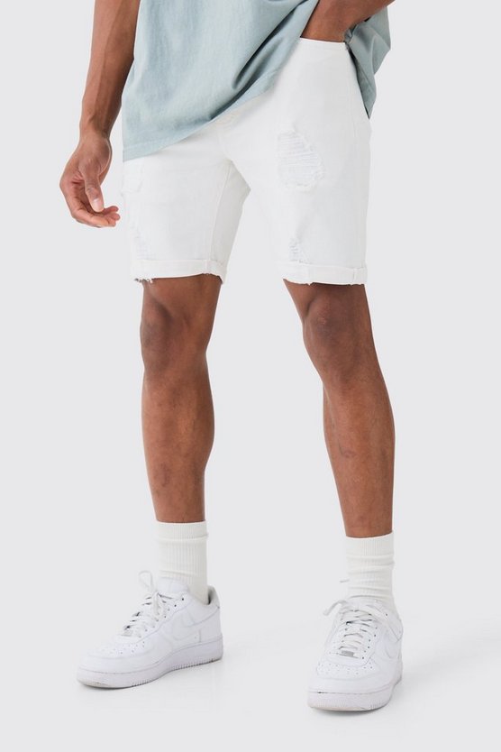 Weiße Skinny Stretch Jeansshorts mit Rissen
