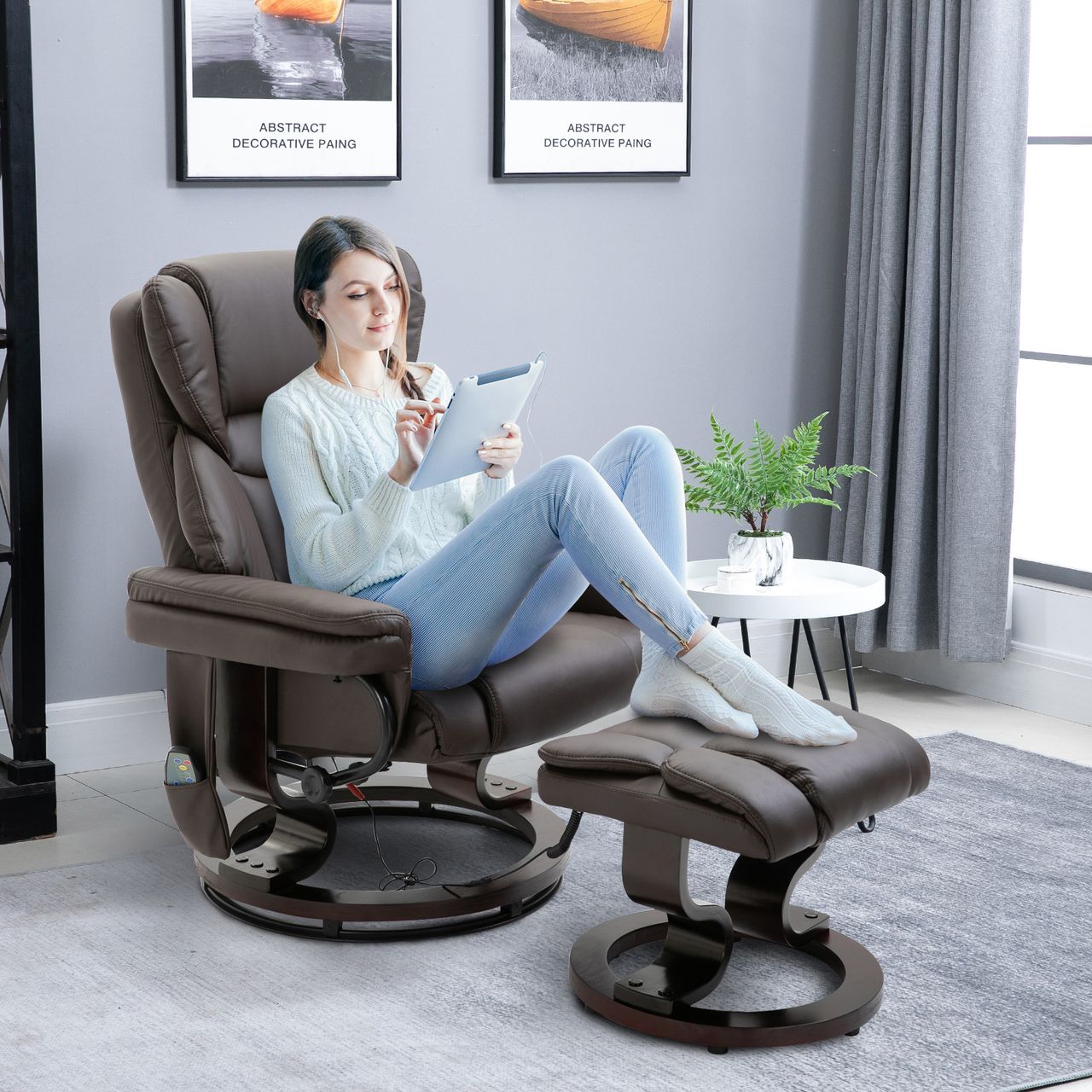 HOMCOM Massagesessel mit Fußhocker Relaxsessel 145°-Neigung Kunstleder Braun 79 x 82 x 101 cm