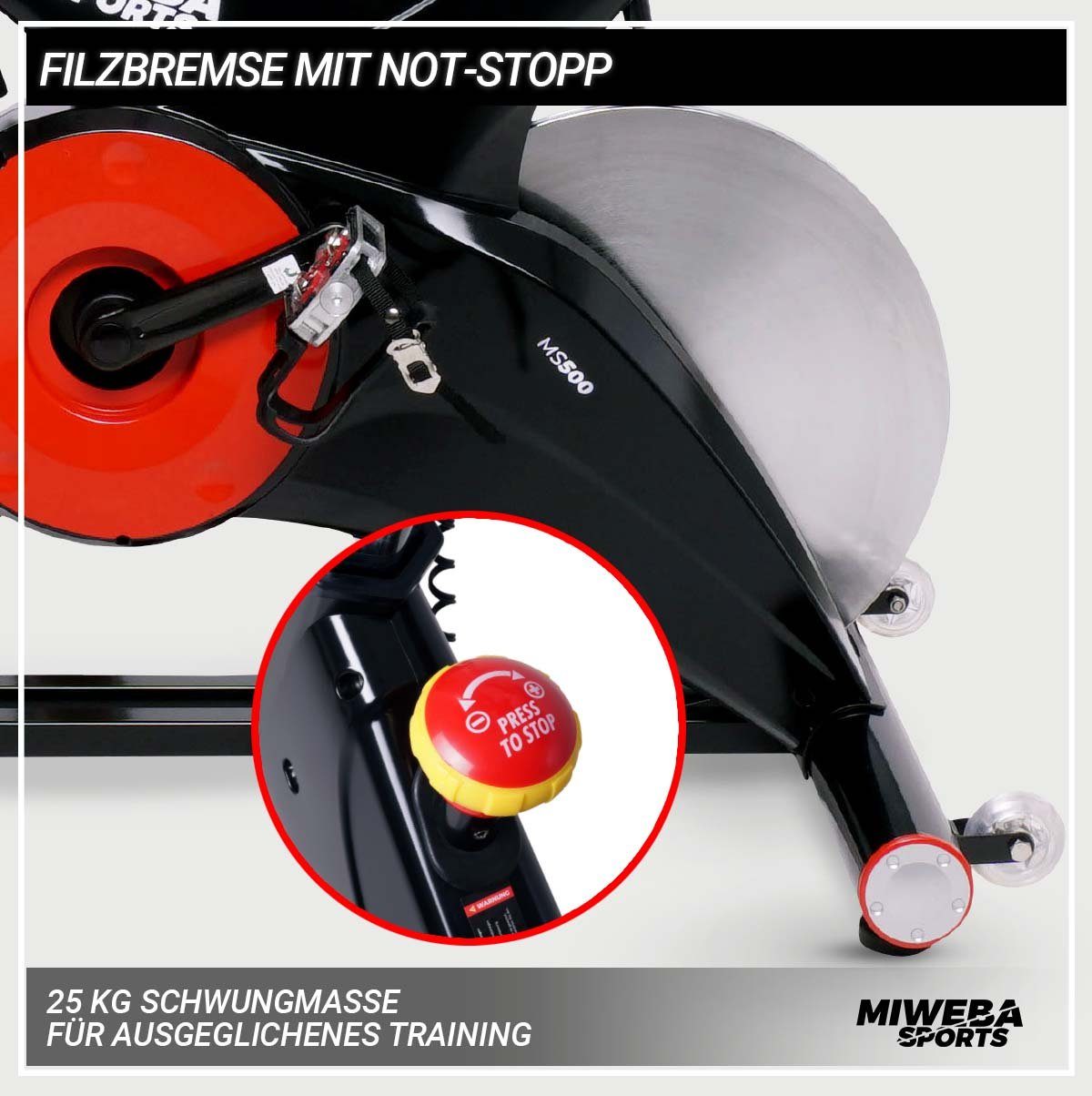 Miweba Sports Speedbike Profi Indoor Cycle Bike MS500 inkl. Pulsgurt - 25 Kg Schwungmasse (Sportgeräte für zu hause, Heimtrainer Fahrrad, Trimmrad, Fahrradtrainer, Cardio, Sport, Training, Ganzkörpertraining, 2-tlg., iConsole+, Kinomap-App, Pulsmesse