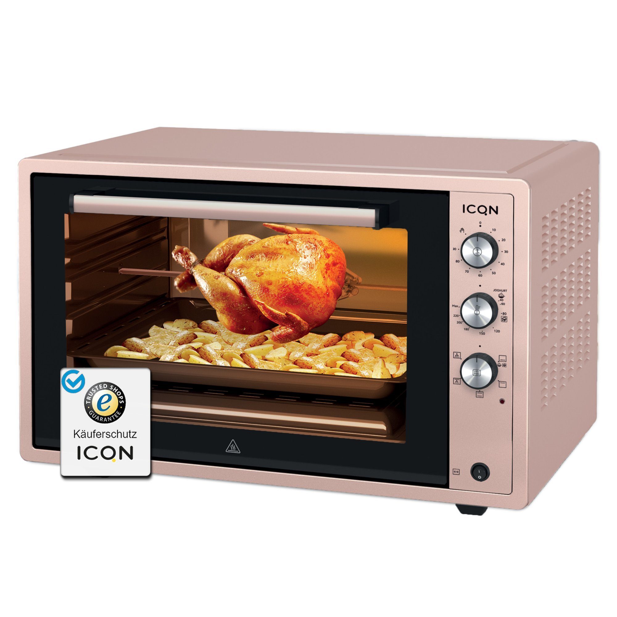 ICQN Minibackofen 60 Liter XXL, inkl. Backblech Set, 40°-230°C, Umluft, Pizza-Ofen, Doppelverglasung, Drehspieß, Timer, Emailliert