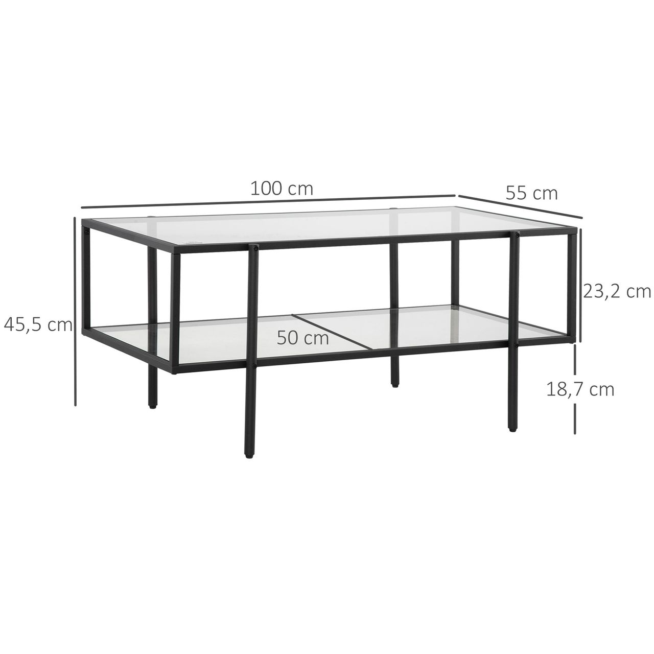 HOMCOM Beistelltisch mit Glasplatte Couchtisch mit 3 Regalen mit Stahlrahmen Glas Schwarz 100 x 55 x 45,5 cm