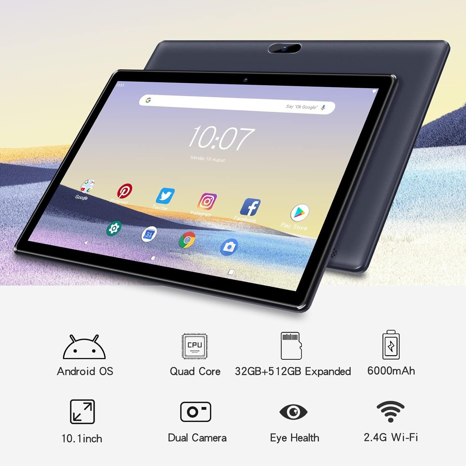 PRITOM Tablet 3G, SIM, 64 GB Quad Core, (TF 512 GB), 6000 mAh Akku Tablet (10
