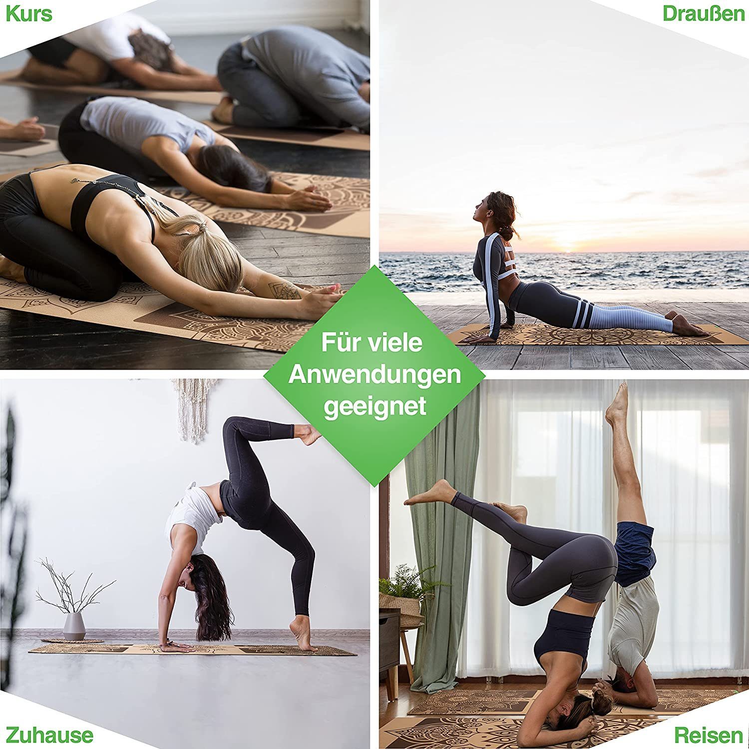 BACKLAxx® Yogamatte Kork mit Naturkautschuk (Kork, 2teilig mit GRATIS Videokurs), 4 mm stark, aus natürlichen Rohstoffen, mit Antirutschzonen