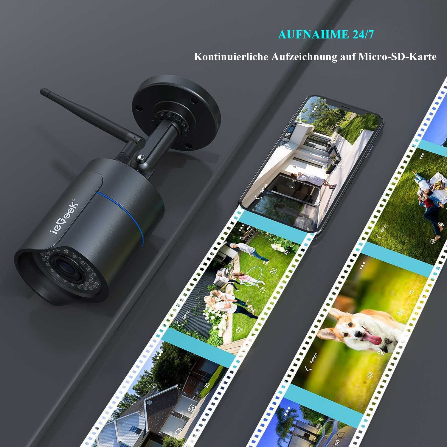 ieGeek 1080P FHD Überwachungskamera Aussen WLAN IP Kamera 25M Nachtsicht IP66 Überwachungskamera (AuBenbereich, Outdoor, 2,4 GHz Wifi,SD Storage, 7/24 Schleifenaufzeichnung,Wired CCTV, Bewegungserkennung, Plug & Play, Support PC/App, Sirene und APP-A