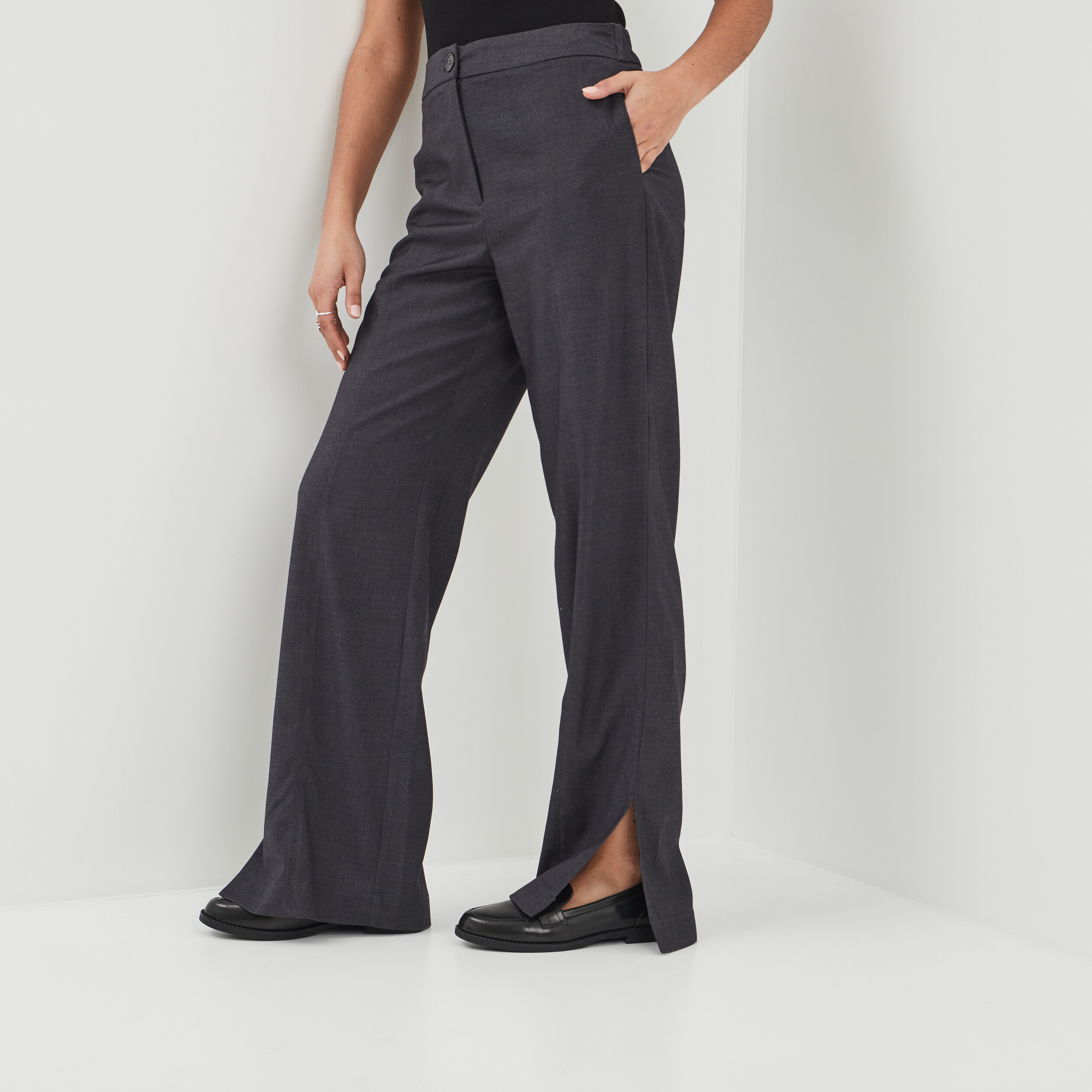 Pantalon wide leg taille haute gris foncé femme | La Halle
