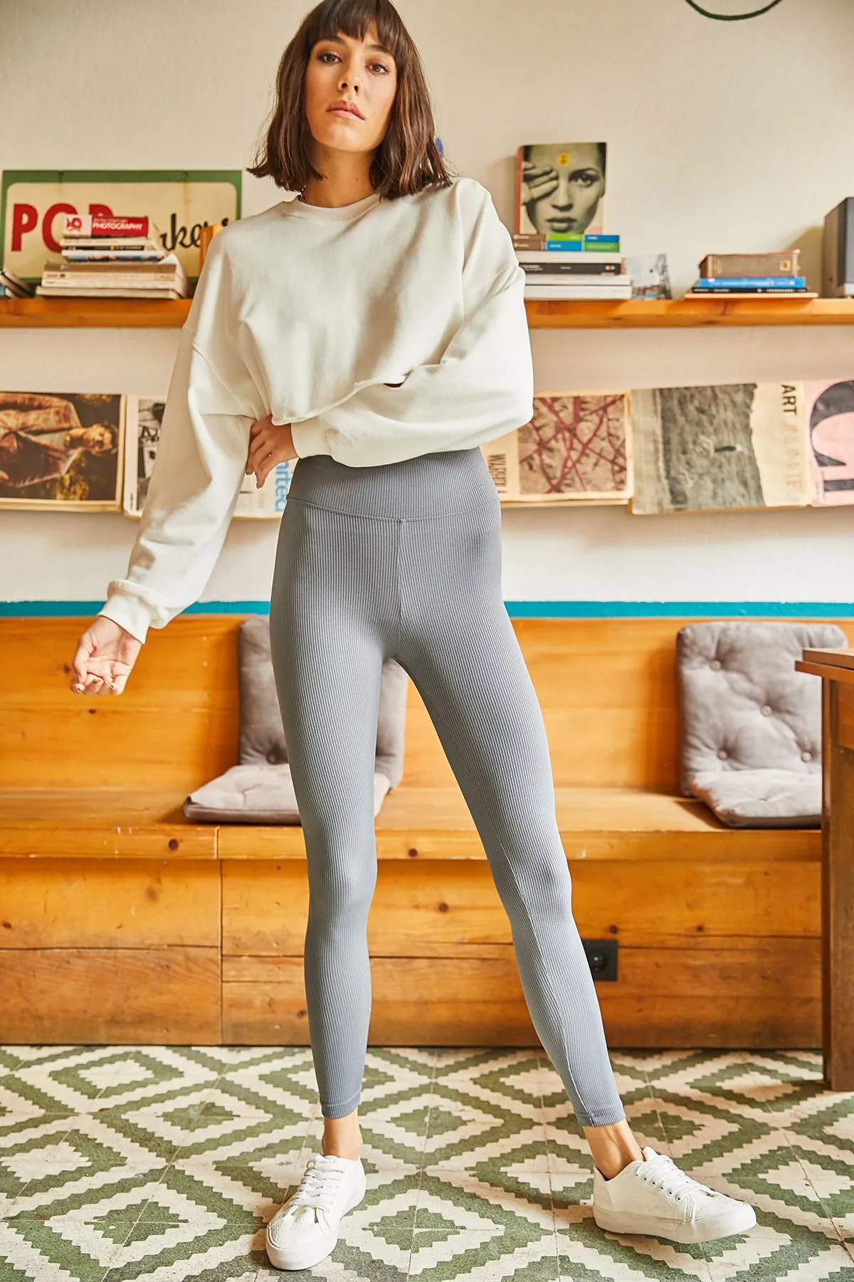 Olalook  Graue gerippte Strumpfhose mit hoher Taille für Damen TYT-19000069