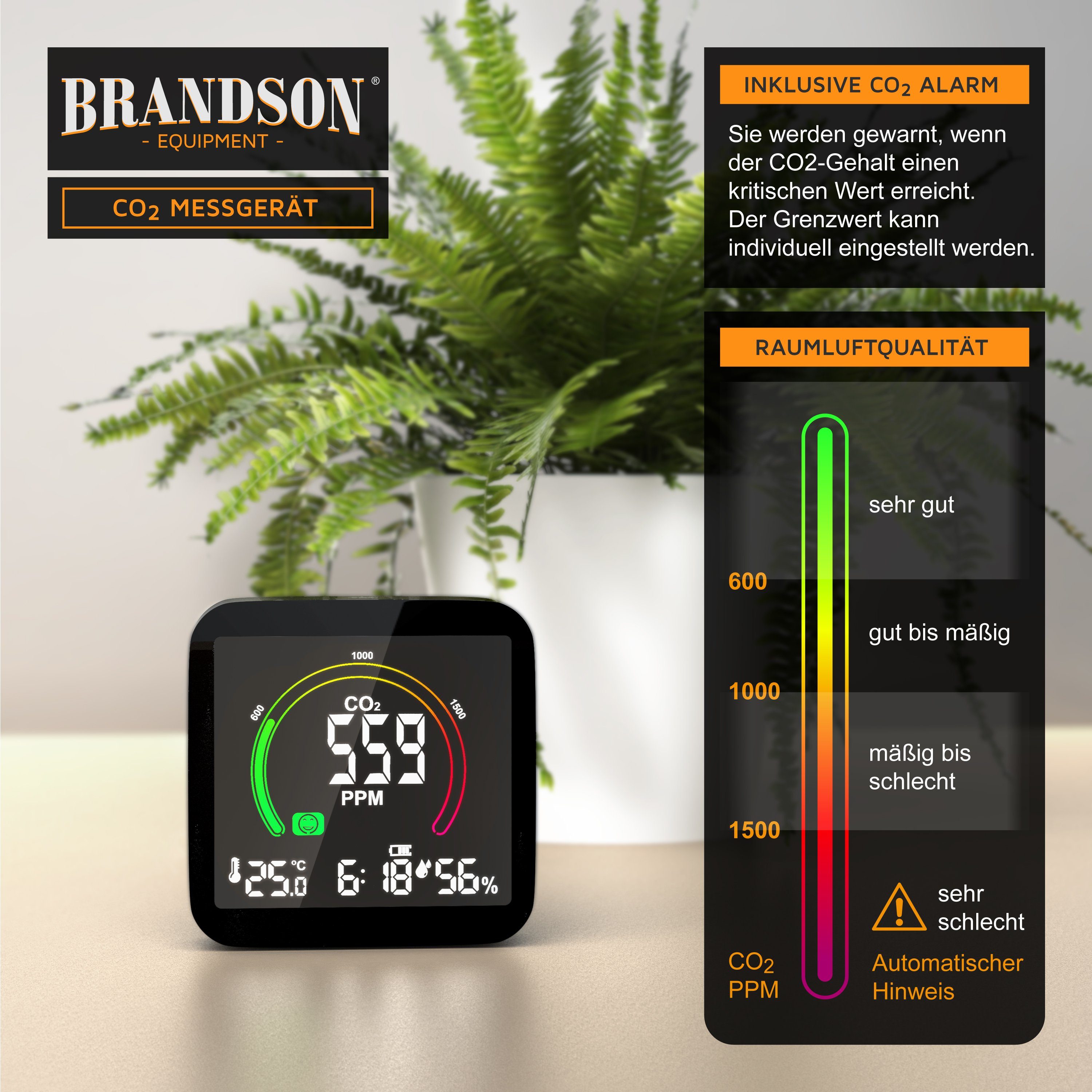 Brandson Gasmelder (CO2 Messgerät, Luftqualität Melder, Kohlendioxidmessung, Warnmelder)