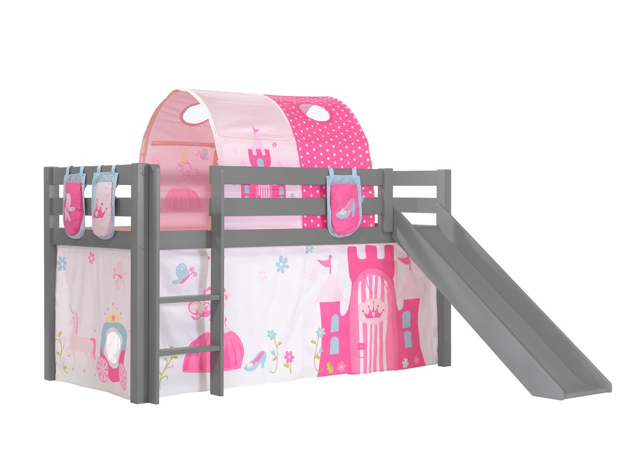 VIPACK Spielbett Pino inkl. Rutsche mit Textilset Vorhang, Tunnel und 3 Taschen 
