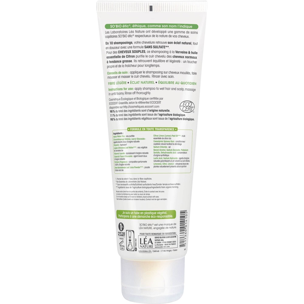 LÉA NATURE SO BiO étic Shampooing cheveux souples, Verveine bio & huile essentielle de Citron Shampooing