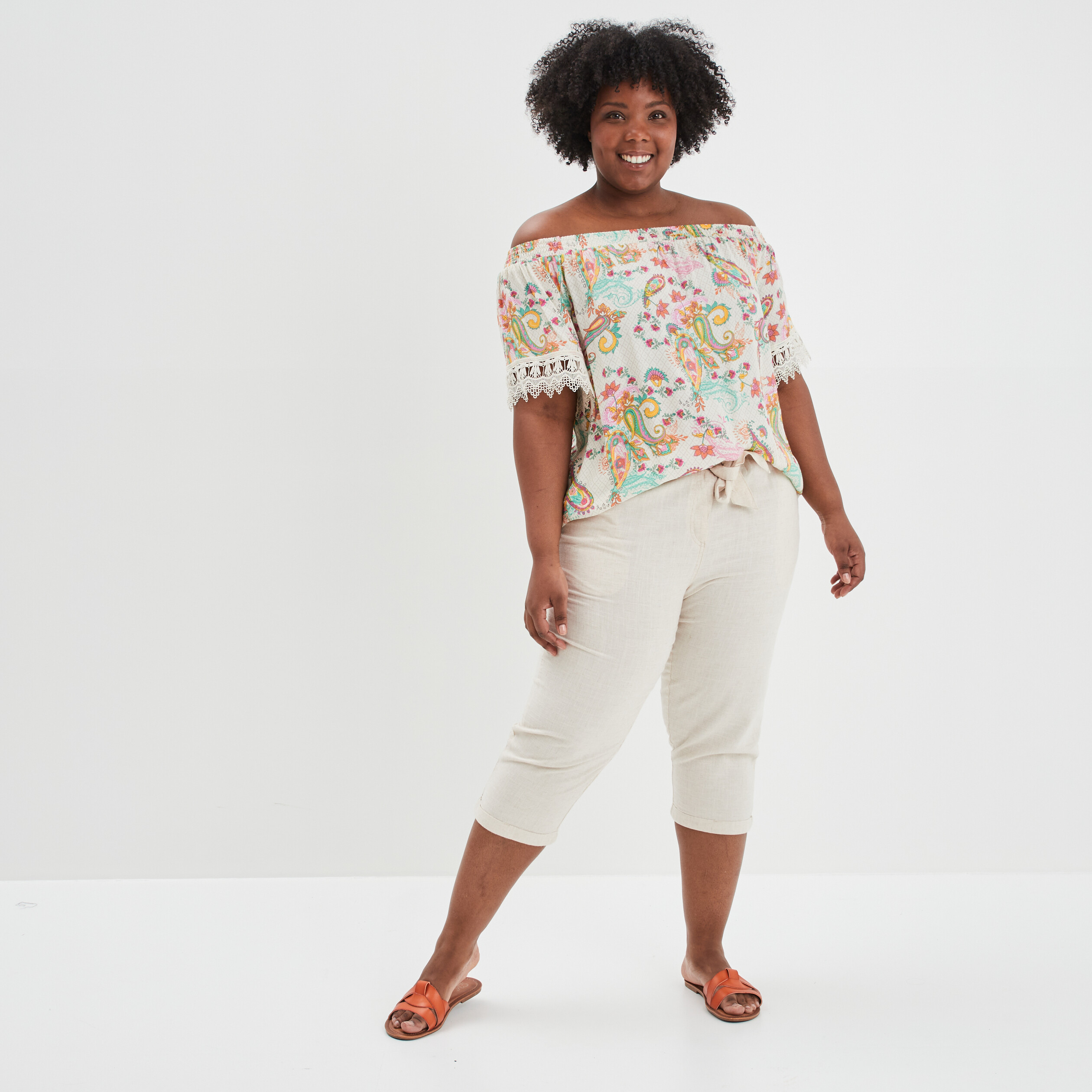 Pantacourt droit ceinturé mélange de lin beige femme grande taille | La Halle